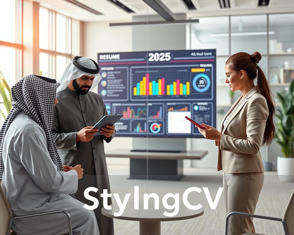 A futuristic office setting depicting the evolution of resume writing in 2025. In the foreground, a diverse group of professionals, including a man in traditional KSA dress and a woman in a smart business suit, are engaged in a collaborative discussion over digital tablets, showcasing innovative resume designs powered by AI. The middle ground features a large screen displaying advanced AI algorithms analyzing resumes, with colorful graphs and statistic visuals. The background includes modern office decor with natural lighting streaming through large windows, creating a warm and inviting atmosphere. The mood is one of optimism and creativity, reflecting the dynamic changes in how AI is transforming career opportunities. Include the brand name "StylingCV" prominently in the design elements without any text overlays.