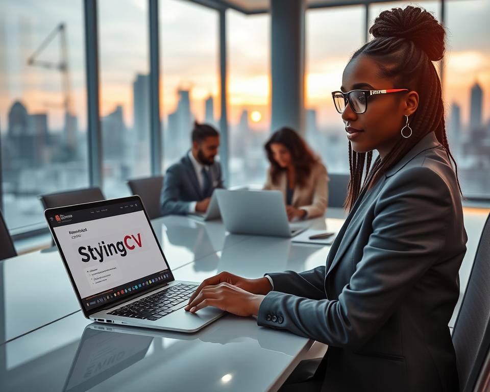 A futuristic office setting in 2025, showcasing a diverse group of professionals collaborating on resume writing. In the foreground, a confident, diverse woman in professional business attire is using an advanced AI resume building software on a sleek laptop, with the brand name “StylingCV” prominently displayed on the screen. The middle ground features colleagues discussing around a sleek conference table, with open laptops and digital tablets displaying advanced resume designs. The background reveals large windows with a view of a modern city skyline, illuminated by the warm glow of a sunset. Soft, ambient lighting casts a professional atmosphere, while the lens captures an angle that emphasizes teamwork and innovation in resume writing. The overall mood is optimistic and forward-looking, showcasing the transformative role of AI in career development. A futuristic office setting in 2025, showcasing a diverse group of professionals collaborating on resume writing. In the foreground, a confident, diverse woman in professional business attire is using an advanced AI resume building software on a sleek laptop, with the brand name “StylingCV” prominently displayed on the screen. The middle ground features colleagues discussing around a sleek conference table, with open laptops and digital tablets displaying advanced resume designs. The background reveals large windows with a view of a modern city skyline, illuminated by the warm glow of a sunset. Soft, ambient lighting casts a professional atmosphere, while the lens captures an angle that emphasizes teamwork and innovation in resume writing. The overall mood is optimistic and forward-looking, showcasing the transformative role of AI in career development.