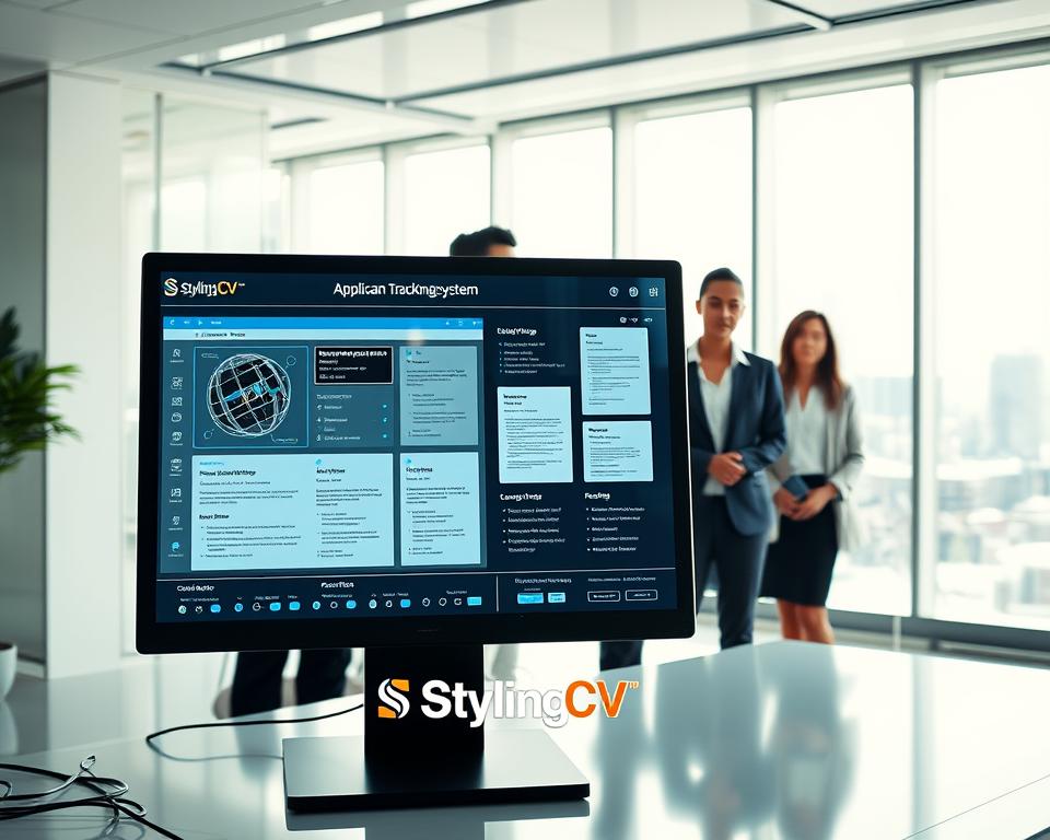 A futuristic office setting showcasing an applicant tracking system in action. In the foreground, a sleek, high-tech computer screen displays a visual representation of the scanning process, with resumes being analyzed in real-time. The middle layer features a diverse team of professionals, dressed in business attire, observing the process with expressions of curiosity and confidence. In the background, the office is bathed in bright, even lighting that emphasizes a clean and modern atmosphere. Large windows allow natural light to flow in, revealing a cityscape outside. The mood is collaborative and innovative, symbolizing the synergy between technology and human expertise in the recruitment process. Include the logo of "StylingCV" subtly integrated into the design elements.