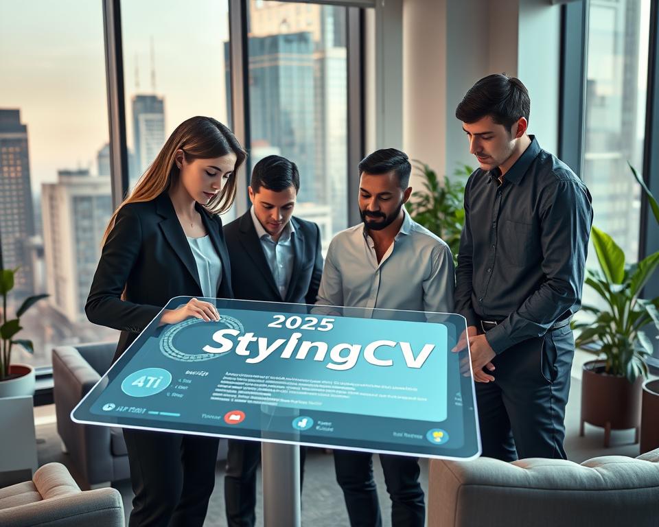 A futuristic office setting showcasing the 2025 job market trends. In the foreground, a diverse group of three professionals, a woman in a smart blazer, a man in tailored trousers, and a non-binary individual in a stylish shirt, collaborate over a sleek digital resume on a holographic screen labeled "StylingCV". The middle ground features cityscape windows with digital overlays of job statistics and AI icons flickering. The background depicts a modern workspace with innovative technology, plush furniture, and vibrant greenery. Soft, natural lighting streams in, creating a warm and professional atmosphere. Capture this scene from a slight high angle to emphasize teamwork and technology's role in job applications. A futuristic office setting showcasing the 2025 job market trends. In the foreground, a diverse group of three professionals, a woman in a smart blazer, a man in tailored trousers, and a non-binary individual in a stylish shirt, collaborate over a sleek digital resume on a holographic screen labeled "StylingCV". The middle ground features cityscape windows with digital overlays of job statistics and AI icons flickering. The background depicts a modern workspace with innovative technology, plush furniture, and vibrant greenery. Soft, natural lighting streams in, creating a warm and professional atmosphere. Capture this scene from a slight high angle to emphasize teamwork and technology's role in job applications.