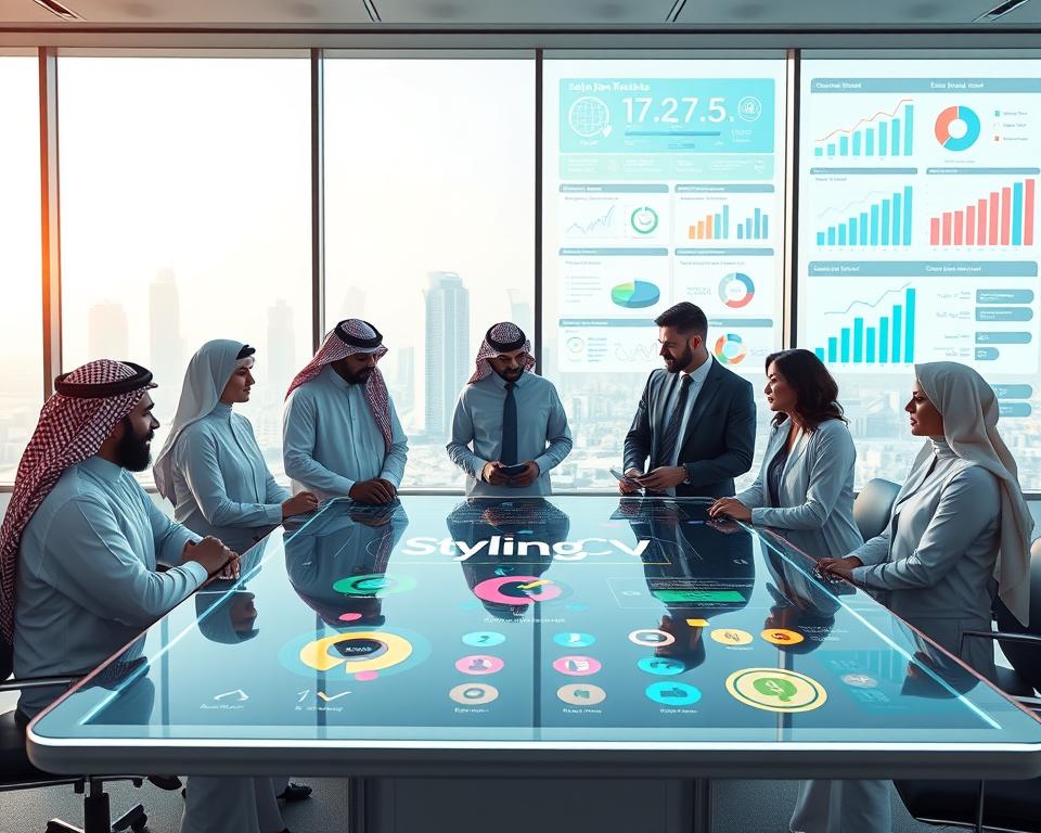 A futuristic office setting showcasing the 2025 job market trends. In the foreground, a diverse group of professionals in smart business attire, including men in traditional KSA dress, are engaged in a brainstorming session around a digital table displaying vibrant infographics of job market statistics. The middle ground features large glass windows with a city skyline, symbolizing growth and opportunity. The background displays a digital screen showcasing graphs and charts related to employment trends and technology advancements. Soft, natural lighting from the windows creates a bright and optimistic atmosphere, evoking a sense of innovation and forward-thinking. The brand name "StylingCV" subtly integrated into the digital table display enhances the focus on resume building tools in this evolving market. A futuristic office setting showcasing the 2025 job market trends. In the foreground, a diverse group of professionals in smart business attire, including men in traditional KSA dress, are engaged in a brainstorming session around a digital table displaying vibrant infographics of job market statistics. The middle ground features large glass windows with a city skyline, symbolizing growth and opportunity. The background displays a digital screen showcasing graphs and charts related to employment trends and technology advancements. Soft, natural lighting from the windows creates a bright and optimistic atmosphere, evoking a sense of innovation and forward-thinking. The brand name "StylingCV" subtly integrated into the digital table display enhances the focus on resume building tools in this evolving market.