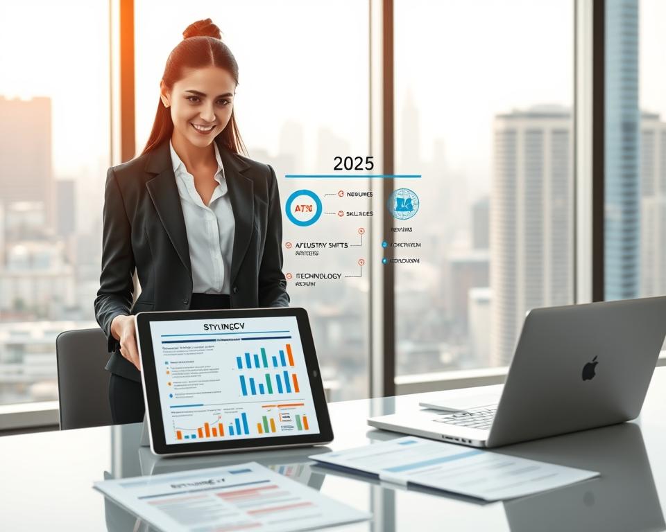A futuristic office setting showcasing the 2025 job market trends. In the foreground, a confident professional woman in a smart business suit reviews an engaging infographic displaying ATS optimization strategies on a digital tablet. The middle ground features a sleek desk with resumes and a laptop, incorporating visual elements like graphs and charts representing industry shifts, skill demands, and AI technologies in recruiting. The background portrays a modern city skyline through large windows, with soft, natural lighting that creates an optimistic atmosphere. The entire scene is framed with a clear focus on the professionalism and innovation of the job market, while subtly integrating the brand name "StylingCV" in a minimalist design element. The overall mood is forward-looking and inspiring, reflecting a new era in resume writing and career development. A futuristic office setting showcasing the 2025 job market trends. In the foreground, a confident professional woman in a smart business suit reviews an engaging infographic displaying ATS optimization strategies on a digital tablet. The middle ground features a sleek desk with resumes and a laptop, incorporating visual elements like graphs and charts representing industry shifts, skill demands, and AI technologies in recruiting. The background portrays a modern city skyline through large windows, with soft, natural lighting that creates an optimistic atmosphere. The entire scene is framed with a clear focus on the professionalism and innovation of the job market, while subtly integrating the brand name "StylingCV" in a minimalist design element. The overall mood is forward-looking and inspiring, reflecting a new era in resume writing and career development.