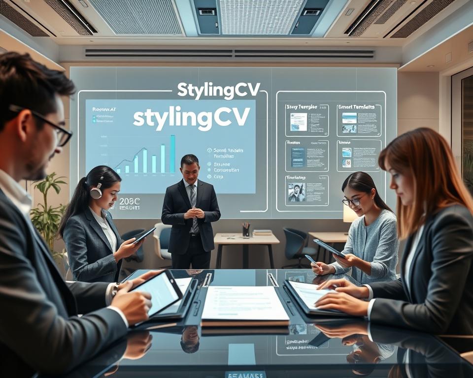 A futuristic office setting showcasing the evolution of resume writing through AI. In the foreground, a diverse group of professionals in smart business attire collaborates over sleek digital devices, analyzing resumes generated by AI. Midground features a large holographic display titled "StylingCV," projecting dynamic graphs and smart templates for resumes, illustrating customization options. The background shows modern office furnishings with soft lighting, creating an inviting and innovative atmosphere. The scene is viewed from a slightly elevated angle, emphasizing teamwork and technology integration. The overall mood is optimistic and forward-thinking, capturing the transformative impact of AI on resume writing while maintaining a clean, professional aesthetic. A futuristic office setting showcasing the evolution of resume writing through AI. In the foreground, a diverse group of professionals in smart business attire collaborates over sleek digital devices, analyzing resumes generated by AI. Midground features a large holographic display titled "StylingCV," projecting dynamic graphs and smart templates for resumes, illustrating customization options. The background shows modern office furnishings with soft lighting, creating an inviting and innovative atmosphere. The scene is viewed from a slightly elevated angle, emphasizing teamwork and technology integration. The overall mood is optimistic and forward-thinking, capturing the transformative impact of AI on resume writing while maintaining a clean, professional aesthetic.