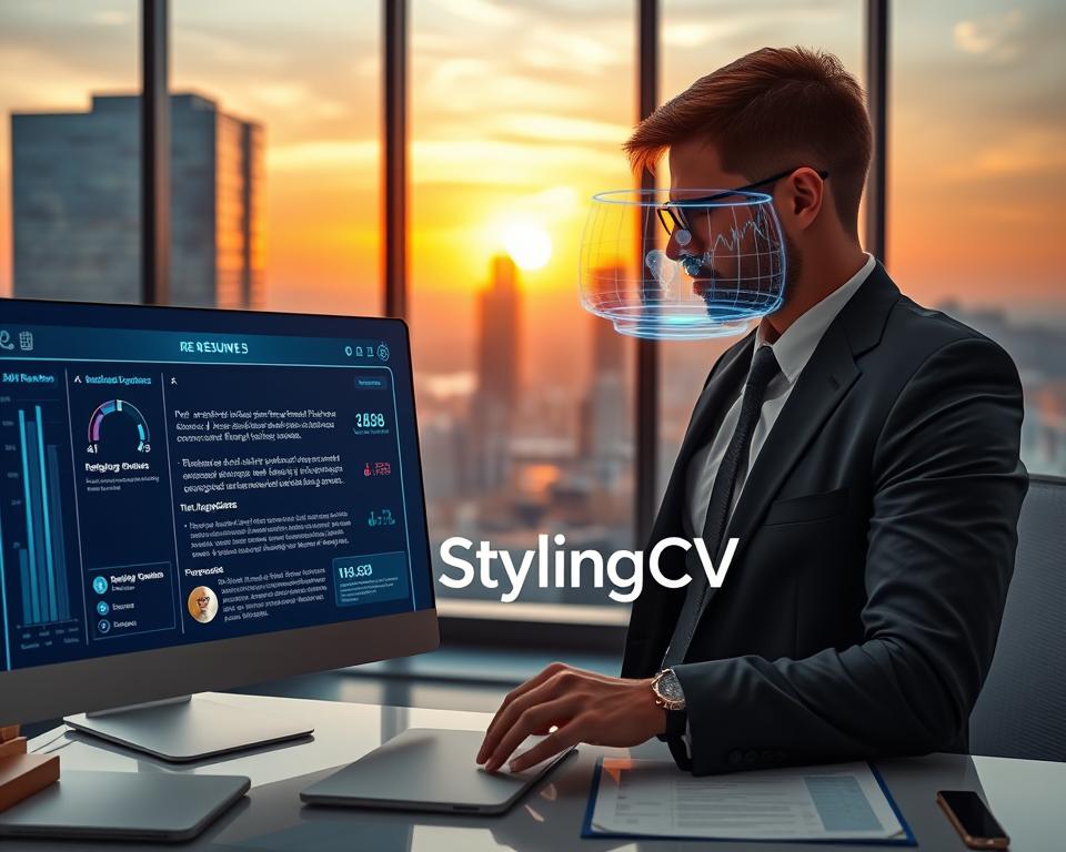 A futuristic office space emphasizing the synergy between technology and resume writing. In the foreground, a sleek, digital interface displays enhanced resume content, incorporating AI-driven suggestions and visual elements like graphs and keywords. A professional man in traditional KSA dress interacts with the interface, analyzing personalized resume improvements. In the middle ground, a holographic assistant hovers, showcasing data analytics related to job applications. The background features large windows overlooking a modern cityscape, bathed in a warm, ambient glow as the sun sets, conveying optimism and innovation. Soft, diffused lighting highlights the scene, creating a productive atmosphere. The brand name "StylingCV" subtly integrates into the digital display. A futuristic office space emphasizing the synergy between technology and resume writing. In the foreground, a sleek, digital interface displays enhanced resume content, incorporating AI-driven suggestions and visual elements like graphs and keywords. A professional man in traditional KSA dress interacts with the interface, analyzing personalized resume improvements. In the middle ground, a holographic assistant hovers, showcasing data analytics related to job applications. The background features large windows overlooking a modern cityscape, bathed in a warm, ambient glow as the sun sets, conveying optimism and innovation. Soft, diffused lighting highlights the scene, creating a productive atmosphere. The brand name "StylingCV" subtly integrates into the digital display.