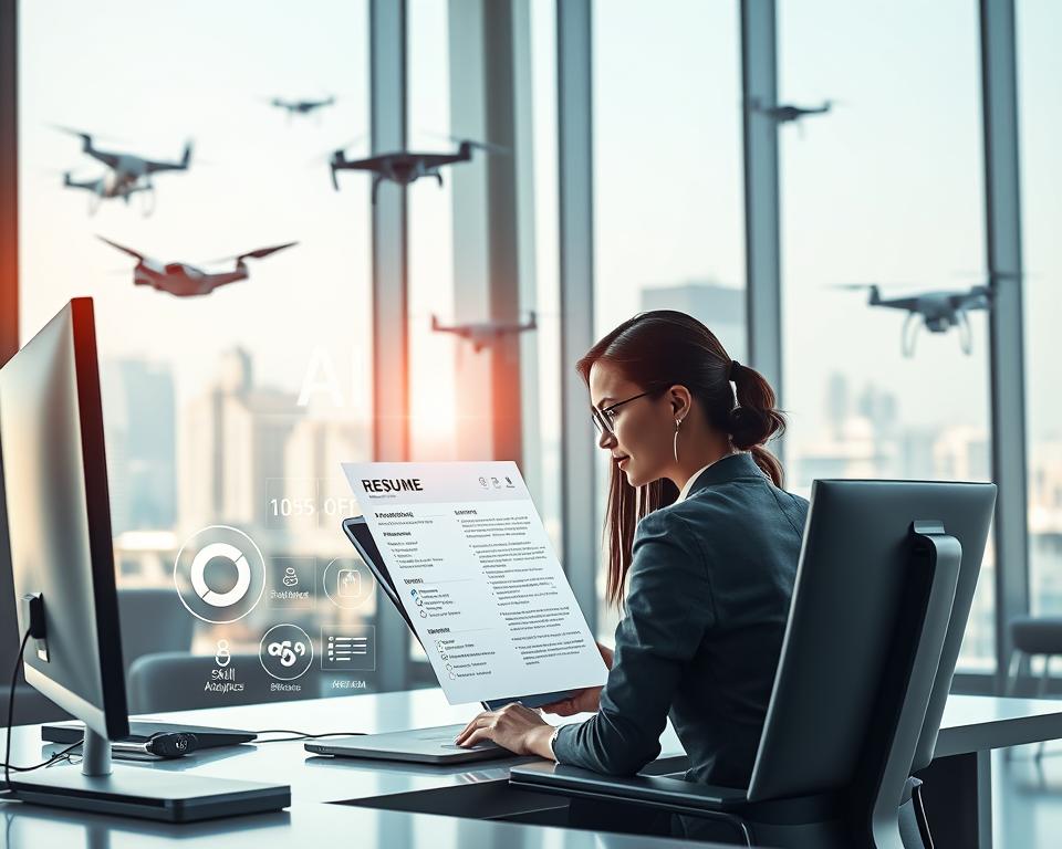 A futuristic office space, illustrating how AI is changing resume writing in 2025. In the foreground, a professional businesswoman, dressed in smart attire, sits at a sleek computer, analyzing a visually appealing digital resume designed by StylingCV. The middle ground features holographic elements showcasing AI-assisted resume components, such as skill analytics and personalized suggestions. In the background, large windows reveal a bright cityscape, with drones and advanced technology visible. The lighting is bright and inspiring, casting soft shadows and creating a high-tech atmosphere. The image conveys innovation, efficiency, and a seamless blend of human creativity and AI support in the resume writing process. A futuristic office space, illustrating how AI is changing resume writing in 2025. In the foreground, a professional businesswoman, dressed in smart attire, sits at a sleek computer, analyzing a visually appealing digital resume designed by StylingCV. The middle ground features holographic elements showcasing AI-assisted resume components, such as skill analytics and personalized suggestions. In the background, large windows reveal a bright cityscape, with drones and advanced technology visible. The lighting is bright and inspiring, casting soft shadows and creating a high-tech atmosphere. The image conveys innovation, efficiency, and a seamless blend of human creativity and AI support in the resume writing process.