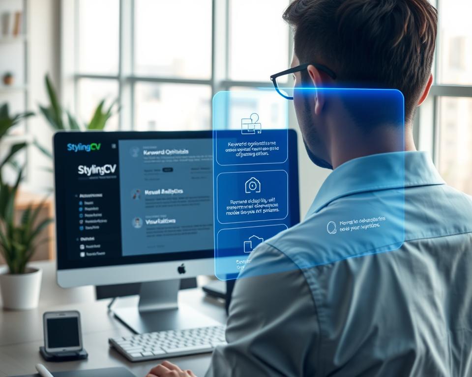 A futuristic office workspace featuring an advanced AI resume builder interface on a sleek computer screen labeled "StylingCV". In the foreground, a professional businessperson, dressed in smart attire, is focused on the screen, reviewing their optimized resume filled with AI-generated suggestions and visual analytics. In the middle ground, a holographic display showcases various resume features such as keyword optimization, skill matching, and formatting options, emitting a soft blue glow. The background includes minimalist office decor and plants, with natural light streaming through large windows, creating an inspiring atmosphere. Capture the scene from a slightly elevated angle to give a comprehensive view of the workspace, emphasizing the integration of technology in career advancement. A futuristic office workspace featuring an advanced AI resume builder interface on a sleek computer screen labeled "StylingCV". In the foreground, a professional businessperson, dressed in smart attire, is focused on the screen, reviewing their optimized resume filled with AI-generated suggestions and visual analytics. In the middle ground, a holographic display showcases various resume features such as keyword optimization, skill matching, and formatting options, emitting a soft blue glow. The background includes minimalist office decor and plants, with natural light streaming through large windows, creating an inspiring atmosphere. Capture the scene from a slightly elevated angle to give a comprehensive view of the workspace, emphasizing the integration of technology in career advancement.