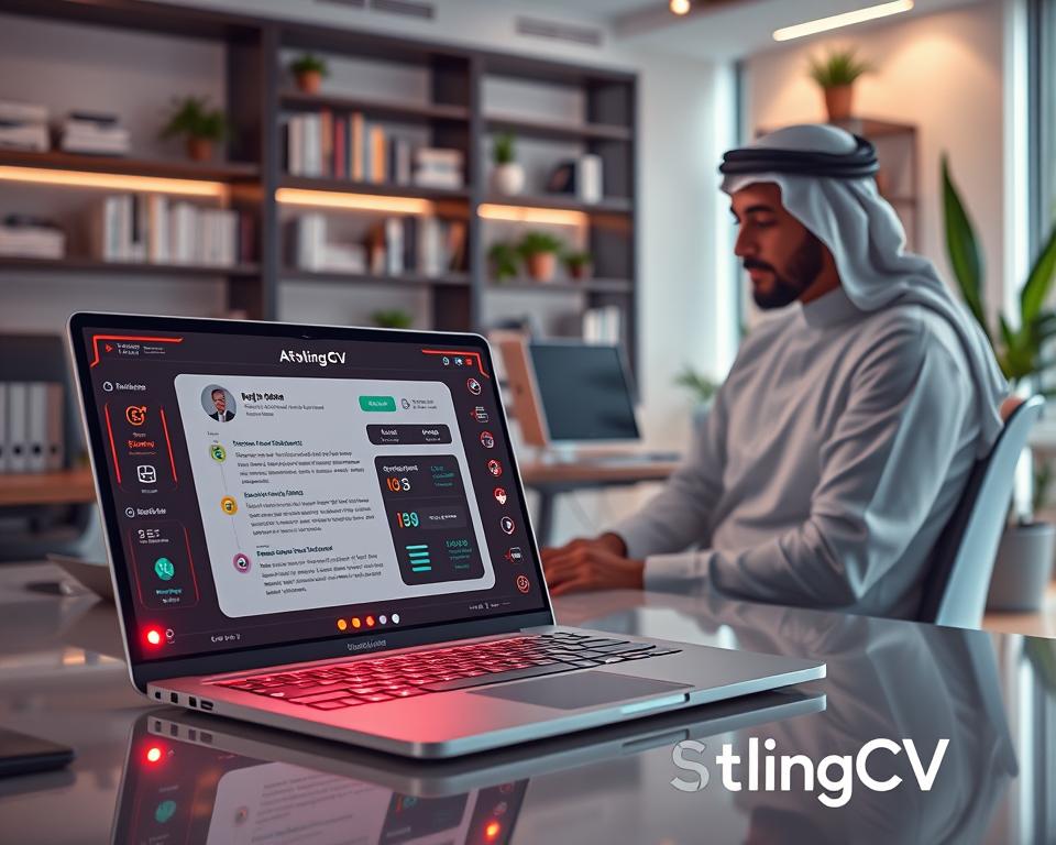 A futuristic scene depicting an AI resume builder technology interface in action. In the foreground, a sleek, high-tech laptop displays a visually appealing resume template being generated by AI algorithms, with glowing graphics and dynamic elements highlighting key skills and experiences. In the middle ground, a professional man in traditional KSA attire sits at a modern desk, intently reviewing the generated resume on the screen. The background features an office environment with soft lighting, showcasing shelves filled with business books and plants for a calming atmosphere. Overall, the mood is one of innovation and professionalism, with a focus on leveraging technology for career advancement, incorporating the brand name "StylingCV" subtly in the design elements. A futuristic scene depicting an AI resume builder technology interface in action. In the foreground, a sleek, high-tech laptop displays a visually appealing resume template being generated by AI algorithms, with glowing graphics and dynamic elements highlighting key skills and experiences. In the middle ground, a professional man in traditional KSA attire sits at a modern desk, intently reviewing the generated resume on the screen. The background features an office environment with soft lighting, showcasing shelves filled with business books and plants for a calming atmosphere. Overall, the mood is one of innovation and professionalism, with a focus on leveraging technology for career advancement, incorporating the brand name "StylingCV" subtly in the design elements.
