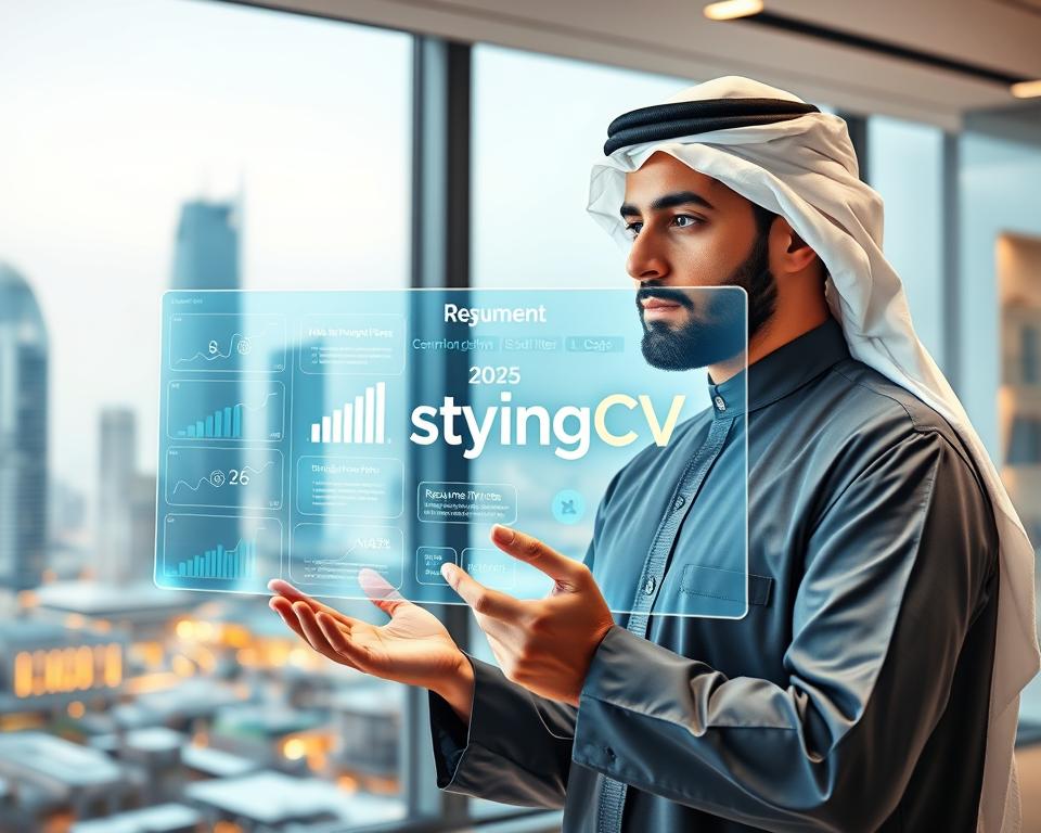 A futuristic scene depicting the transformation of resume writing in 2025, featuring a professional man dressed in traditional GCC attire against a modern, sleek office backdrop. In the foreground, he is engaged with a holographic interface showcasing an AI-driven resume builder, complete with dynamic graphs and interactive prompts. The middle ground illustrates a digital workspace filled with advanced technologies, such as AI algorithms and data visualizations, emphasizing innovation. The background features a city skyline representing Kuwait with modern architecture. The atmosphere is inspiring and energetic, illuminated by soft, ambient lighting that highlights the digital elements. Emphasize the brand "StylingCV" within the digital interface, without any text overlays, maintaining a clean and professional look.