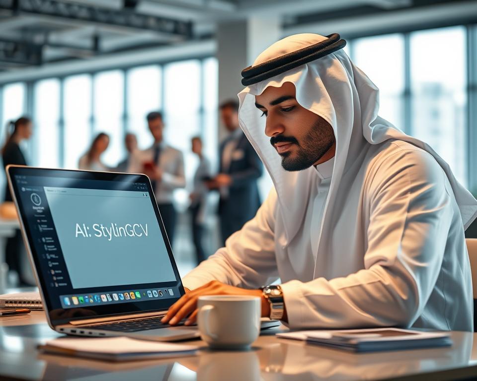 A futuristic workspace scene showcasing a sleek AI resume builder interface on a laptop screen, with a well-dressed man in traditional KSA attire (white thobe) intently analyzing the software. In the foreground, the laptop displays the brand name "StylingCV" prominently on the screen, surrounded by notes and a cup of coffee. In the middle ground, blurred images of diverse professionals collaborate in a modern office environment, reflecting the evolution of job applications. The background features large windows with natural light flooding the space, creating an innovative and motivating atmosphere. The overall mood is one of professionalism and advancement, highlighting the integration of AI in resume writing to empower job seekers in today’s dynamic market. Soft focal depth adds an artistic touch to the composition. A futuristic workspace scene showcasing a sleek AI resume builder interface on a laptop screen, with a well-dressed man in traditional KSA attire (white thobe) intently analyzing the software. In the foreground, the laptop displays the brand name "StylingCV" prominently on the screen, surrounded by notes and a cup of coffee. In the middle ground, blurred images of diverse professionals collaborate in a modern office environment, reflecting the evolution of job applications. The background features large windows with natural light flooding the space, creating an innovative and motivating atmosphere. The overall mood is one of professionalism and advancement, highlighting the integration of AI in resume writing to empower job seekers in today’s dynamic market. Soft focal depth adds an artistic touch to the composition.