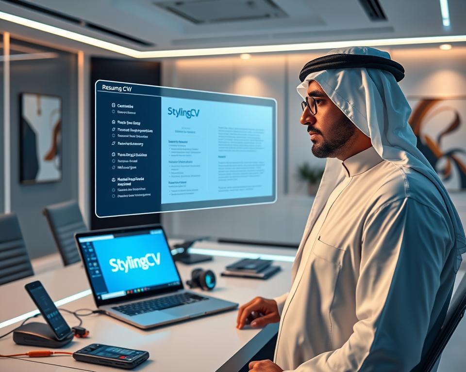 A futuristic workspace showcasing AI resume builder technology, featuring a sleek, holographic interface displaying a resume in rich detail. In the foreground, a professional Arab man dressed in traditional KSA attire is engaged with the technology, analyzing the digital resume suggestions with a thoughtful expression. In the middle, a modern desk cluttered with futuristic gadgets and a laptop displays the branding of "StylingCV". The background reveals a polished office environment with subtle glowing LED lights and abstract art, creating a contemporary and innovative atmosphere. Soft, diffused lighting casts gentle shadows, enhancing the professional mood. The angle captures both the man’s interaction with the technology and the immaculate surroundings, suggesting advancement and a vision for the future job market in 2025.