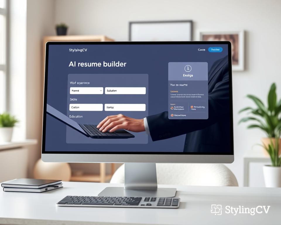A modern AI resume builder interface displayed on a sleek computer screen. The foreground features an elegant digital layout with a structured format for entering professional information, including sections for work experience, education, and skills, presented in a clean, user-friendly design. In the middle, a realistic hand is seen typing on a keyboard, dressed in smart business attire, emphasizing a professional atmosphere. The background showcases a cozy, well-lit office environment, with soft, natural light filtering through a window, creating a warm and inviting feel. The overall mood is focused and productive, reflecting the theme of enhancing career prospects with the StylingCV brand, and devoid of any text or watermarks. A modern AI resume builder interface displayed on a sleek computer screen. The foreground features an elegant digital layout with a structured format for entering professional information, including sections for work experience, education, and skills, presented in a clean, user-friendly design. In the middle, a realistic hand is seen typing on a keyboard, dressed in smart business attire, emphasizing a professional atmosphere. The background showcases a cozy, well-lit office environment, with soft, natural light filtering through a window, creating a warm and inviting feel. The overall mood is focused and productive, reflecting the theme of enhancing career prospects with the StylingCV brand, and devoid of any text or watermarks.