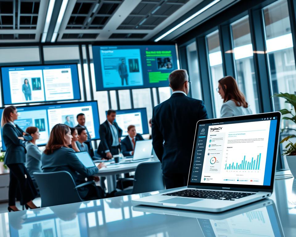 A modern and dynamic workspace showcasing how AI is transforming resume writing. In the foreground, a diverse group of professionals in business attire, engaged in a collaborative meeting, surrounded by digital screens displaying AI-driven resume templates. The middle layer features a sleek desktop setup with a laptop open to a visually appealing resume builder interface, with elements like graphs and AI suggestions. In the background, a futuristic office with large windows allowing natural light to flood the scene, enhancing a sense of innovation and opportunity. The color palette is composed of blues and greens, conveying a sense of professionalism and progress. This scene captures the essence of "StylingCV" as an AI tool revolutionizing the job application process, promoting a hopeful and motivating atmosphere. A modern and dynamic workspace showcasing how AI is transforming resume writing. In the foreground, a diverse group of professionals in business attire, engaged in a collaborative meeting, surrounded by digital screens displaying AI-driven resume templates. The middle layer features a sleek desktop setup with a laptop open to a visually appealing resume builder interface, with elements like graphs and AI suggestions. In the background, a futuristic office with large windows allowing natural light to flood the scene, enhancing a sense of innovation and opportunity. The color palette is composed of blues and greens, conveying a sense of professionalism and progress. This scene captures the essence of "StylingCV" as an AI tool revolutionizing the job application process, promoting a hopeful and motivating atmosphere.