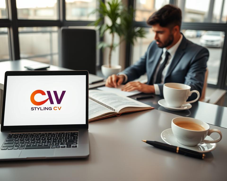 A modern and professional workspace illustrating a CV writing service in Saudi Arabia. In the foreground, a sleek desk with a laptop displaying the "StylingCV" logo on the screen, surrounded by neatly arranged stationery. In the middle, an open notebook with handwritten notes and a stylish pen, accentuating the writing process. A business professional in smart attire, focused and engaged, sits by the desk, actively typing or brainstorming ideas. The background features a coffee cup and a large window, allowing soft, natural light to illuminate the space, creating a warm and inviting atmosphere. The overall composition conveys professionalism, creativity, and innovation in career documentation solutions. A modern and professional workspace illustrating a CV writing service in Saudi Arabia. In the foreground, a sleek desk with a laptop displaying the "StylingCV" logo on the screen, surrounded by neatly arranged stationery. In the middle, an open notebook with handwritten notes and a stylish pen, accentuating the writing process. A business professional in smart attire, focused and engaged, sits by the desk, actively typing or brainstorming ideas. The background features a coffee cup and a large window, allowing soft, natural light to illuminate the space, creating a warm and inviting atmosphere. The overall composition conveys professionalism, creativity, and innovation in career documentation solutions.