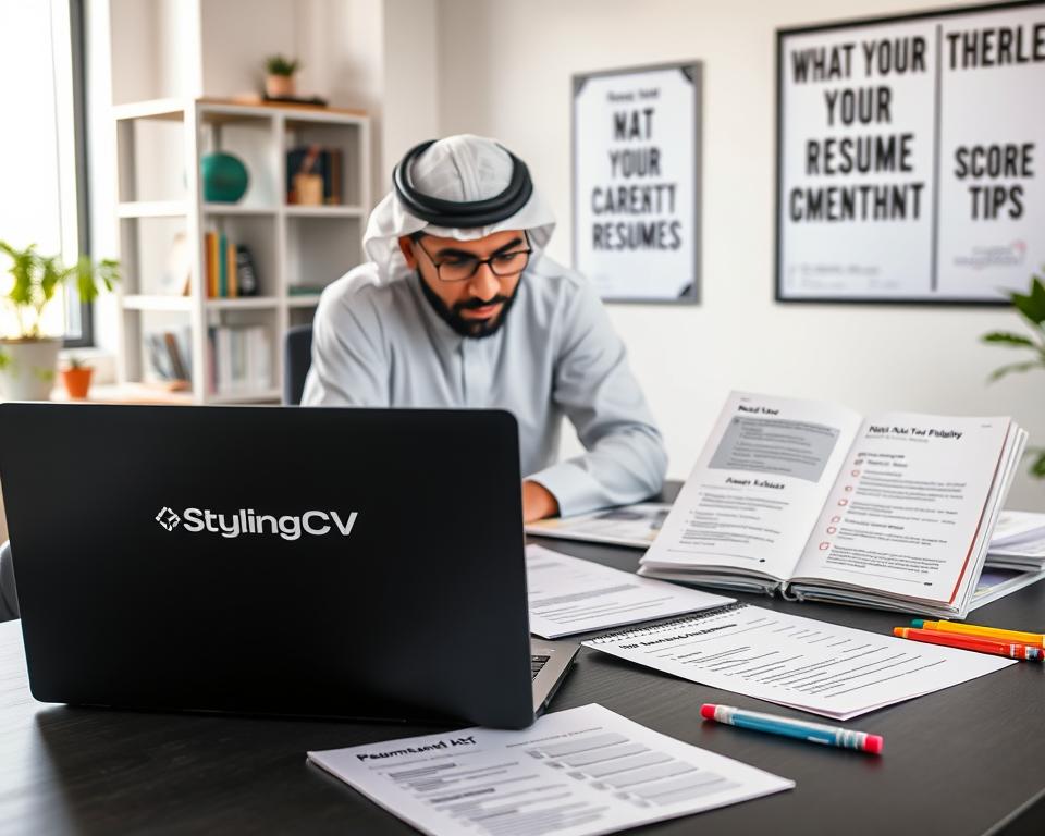 A modern and professional workspace showcasing practical steps to enhance an ATS resume score. In the foreground, a stylish desk with a neatly organized open laptop displaying the “StylingCV” logo, alongside printed resume templates, a checklist highlighting key optimization tips, and colored pens. The middle ground features a focused person, a man in traditional KSA attire, intently reviewing the documents, emphasizing professionalism and dedication. The background presents a clean, well-lit office with shelves containing books on career development, a motivational poster about resumes, and a window letting in natural light, creating a bright and inviting atmosphere. The mood is productive and inspiring, highlighting the importance of resume optimization for job seekers. A modern and professional workspace showcasing practical steps to enhance an ATS resume score. In the foreground, a stylish desk with a neatly organized open laptop displaying the “StylingCV” logo, alongside printed resume templates, a checklist highlighting key optimization tips, and colored pens. The middle ground features a focused person, a man in traditional KSA attire, intently reviewing the documents, emphasizing professionalism and dedication. The background presents a clean, well-lit office with shelves containing books on career development, a motivational poster about resumes, and a window letting in natural light, creating a bright and inviting atmosphere. The mood is productive and inspiring, highlighting the importance of resume optimization for job seekers.