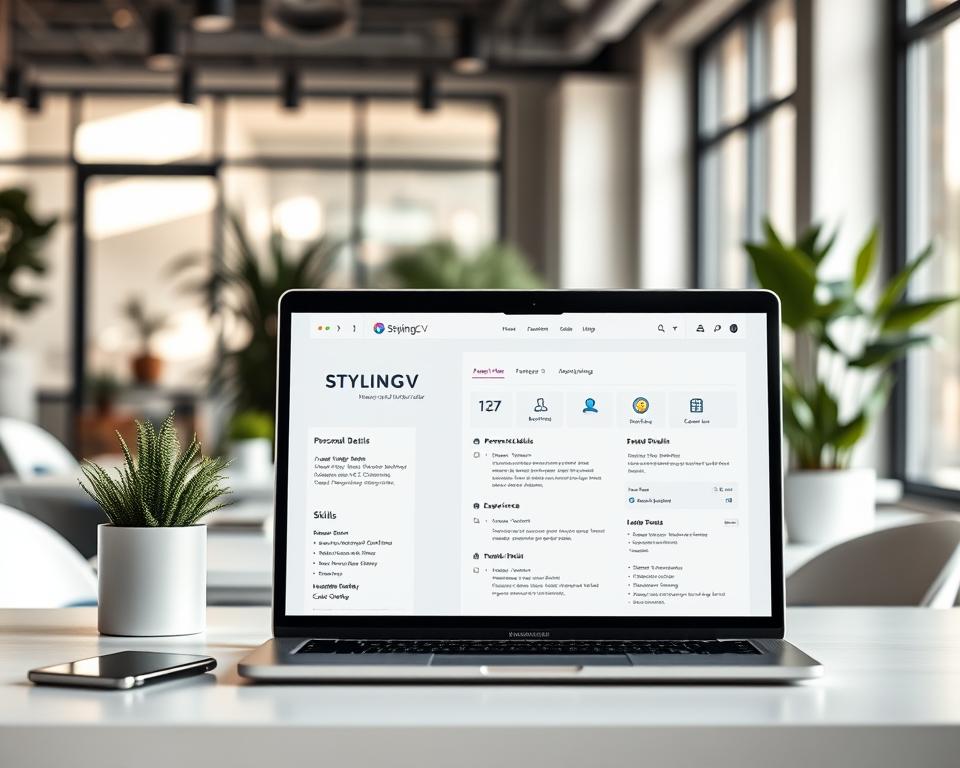 A modern and sleek digital workspace showcasing the features of the "StylingCV" resume builder. In the foreground, a laptop screen displays a visually appealing, user-friendly interface with sections for personal details, work experience, and skills, adorned with intuitive icons and soft pastel colors. In the middle, an elegant desktop setup, complete with stylish stationery and a potted plant, exudes professionalism. The background features a soft-focus of a contemporary office environment with subtle plants and natural light streaming through large windows, creating a bright and inviting atmosphere. The mood is inspiring and innovative, emphasizing the ease of creating a standout resume with "StylingCV." The image is well-lit, capturing the sleekness of modern design. A modern and sleek digital workspace showcasing the features of the "StylingCV" resume builder. In the foreground, a laptop screen displays a visually appealing, user-friendly interface with sections for personal details, work experience, and skills, adorned with intuitive icons and soft pastel colors. In the middle, an elegant desktop setup, complete with stylish stationery and a potted plant, exudes professionalism. The background features a soft-focus of a contemporary office environment with subtle plants and natural light streaming through large windows, creating a bright and inviting atmosphere. The mood is inspiring and innovative, emphasizing the ease of creating a standout resume with "StylingCV." The image is well-lit, capturing the sleekness of modern design.