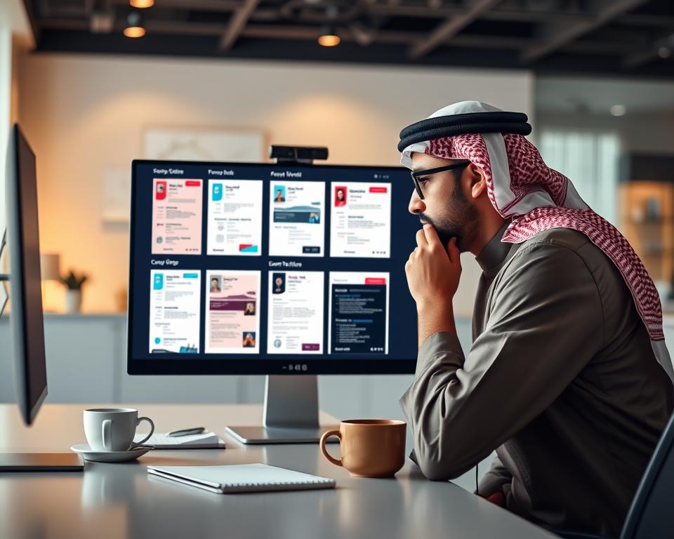 A modern and sleek workspace featuring a high-quality resume template selection interface on a computer screen, with a stylish, professional individual in traditional KSA attire thoughtfully reviewing different templates. The foreground should showcase the computer with vibrant, user-friendly designs displayed, highlighting a variety of resume styles. In the middle, there are elements like a notepad and a cup of coffee, reflecting a productive atmosphere. The background should be softly blurred, featuring minimalistic office decor and warm lighting to create an inviting and focused mood. The overall composition conveys professionalism and creativity, embodying the essence of career building with the brand name "StylingCV" subtly integrated into the design. A modern and sleek workspace featuring a high-quality resume template selection interface on a computer screen, with a stylish, professional individual in traditional KSA attire thoughtfully reviewing different templates. The foreground should showcase the computer with vibrant, user-friendly designs displayed, highlighting a variety of resume styles. In the middle, there are elements like a notepad and a cup of coffee, reflecting a productive atmosphere. The background should be softly blurred, featuring minimalistic office decor and warm lighting to create an inviting and focused mood. The overall composition conveys professionalism and creativity, embodying the essence of career building with the brand name "StylingCV" subtly integrated into the design.