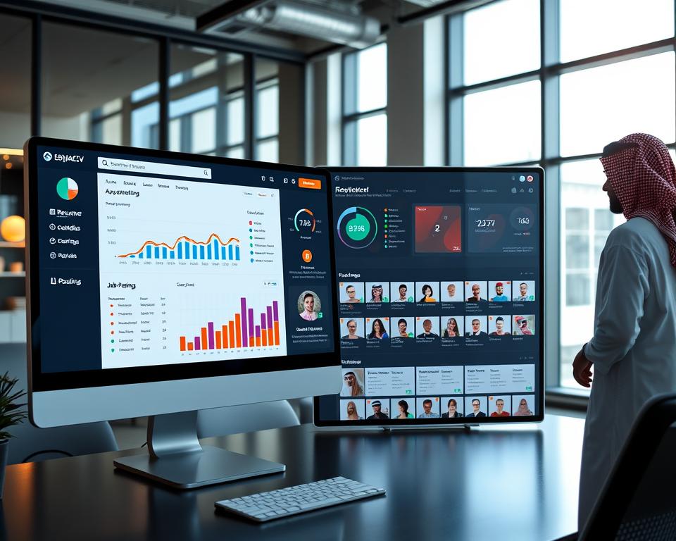 A modern applicant tracking systems dashboard, featuring a sleek, user-friendly interface with various sections for resume analysis, candidate ratings, and job postings. In the foreground, a computer screen displays vibrant graphs and metrics, all professionally arranged for easy navigation. The middle ground showcases a well-organized table with candidate profiles, neatly aligned with thumbnails and skill indicators. The background includes a stylish office setting with soft natural lighting streaming through large windows, creating a productive atmosphere. In one corner, a man dressed in KSA traditional attire is engaging with the dashboard, illustrating engagement and professionalism. The overall mood is one of innovation and empowerment, highlighting the importance of resume creation tools like "StylingCV" in advancing careers.