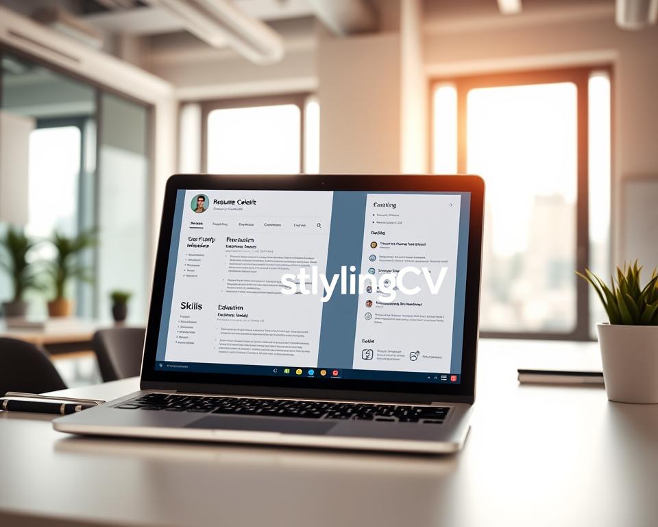 A modern digital resume builder interface displayed on a sleek laptop screen in a bright, well-lit office environment. The foreground features a close-up of the laptop, showcasing a user-friendly layout with sections for personal information, work experience, skills, and education. The middle ground includes a stylish desk with professional stationery and a potted plant, enhancing the workspace atmosphere. In the background, a blurred view of a window reveals a cityscape bathed in soft, natural light. The overall mood is professional and inviting, emphasizing productivity and creativity. The brand name "StylingCV" is subtly integrated into the interface design, enhancing brand recognition. A modern digital resume builder interface displayed on a sleek laptop screen in a bright, well-lit office environment. The foreground features a close-up of the laptop, showcasing a user-friendly layout with sections for personal information, work experience, skills, and education. The middle ground includes a stylish desk with professional stationery and a potted plant, enhancing the workspace atmosphere. In the background, a blurred view of a window reveals a cityscape bathed in soft, natural light. The overall mood is professional and inviting, emphasizing productivity and creativity. The brand name "StylingCV" is subtly integrated into the interface design, enhancing brand recognition.