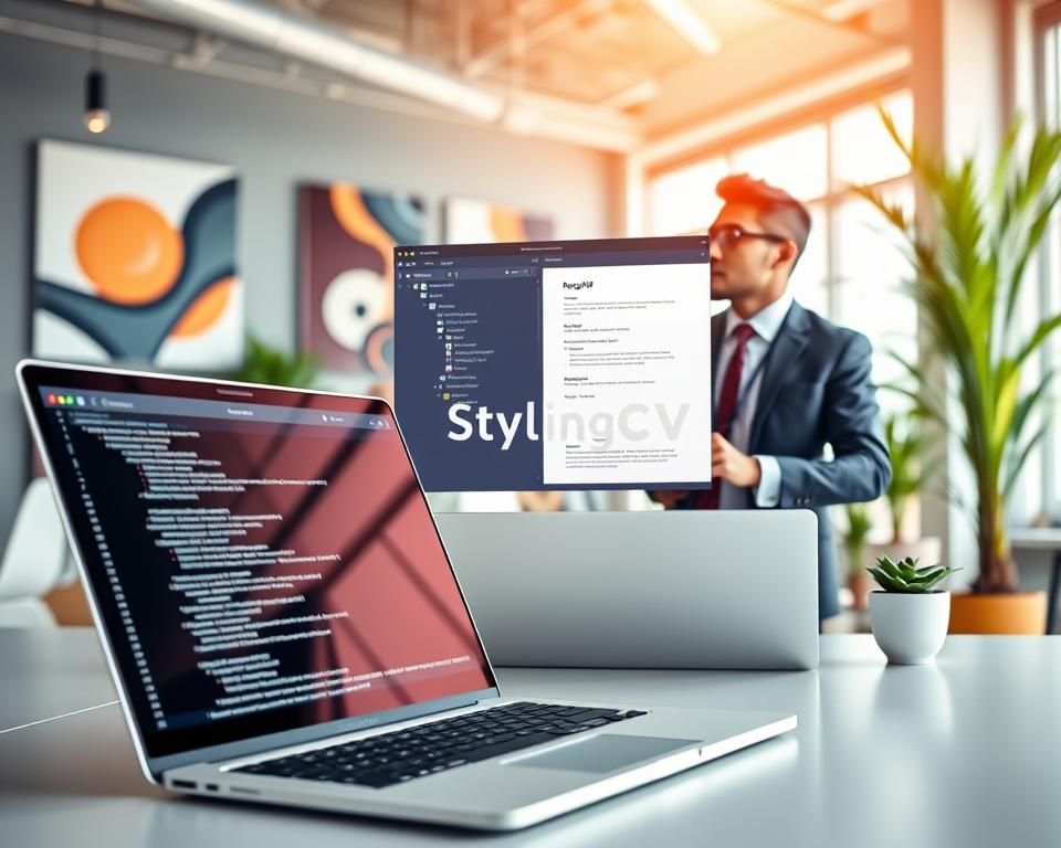 A modern digital workspace depicting the integration of a Resume Builder API. In the foreground, a sleek laptop with code snippets on the screen illustrating API documentation. Beside it, a stylish business professional in smart attire, developing and testing the integration, with a thoughtful expression. The middle layer includes a vibrant, interactive interface displaying a sample resume being generated. In the background, a high-tech office environment bathed in soft, natural light, with abstract tech-inspired artwork on the walls and plants for a fresh touch. The scene conveys a mood of innovation and productivity, ideal for developers exploring the possibilities of AI in resume building. The brand name "StylingCV" prominently featured in the interface.