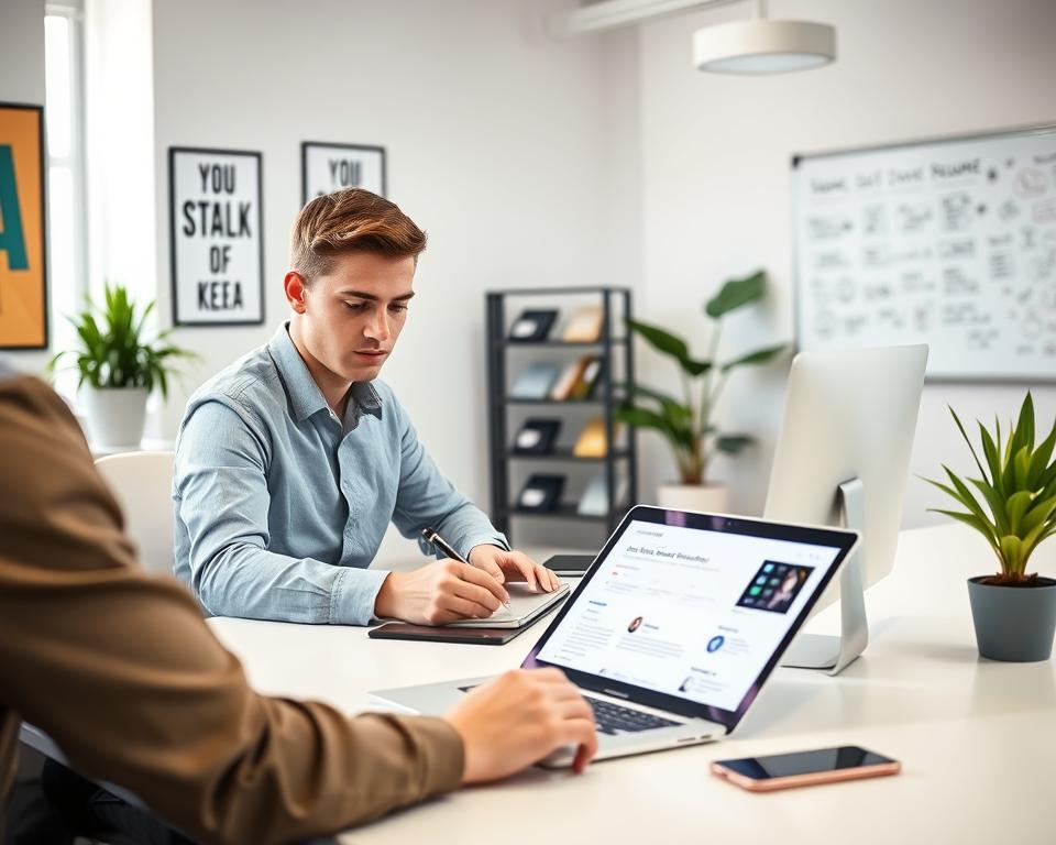 A modern digital workspace featuring a student working diligently on a laptop, utilizing an advanced AI resume builder from StylingCV. In the foreground, the student, dressed in smart casual attire, is focused on the screen, with a look of determination and creativity. The middle ground showcases a sleek desktop filled with high-tech gadgets like a tablet, smartphone, and digital resume snippets displayed on the laptop. In the background, a well-lit, contemporary office environment with motivational posters, a potted plant, and a whiteboard filled with ideas create an inspiring atmosphere. The lighting is bright and inviting, emphasizing a sense of optimism and future success, captured from a slightly elevated angle to give a comprehensive view of the workspace. A modern digital workspace featuring a student working diligently on a laptop, utilizing an advanced AI resume builder from StylingCV. In the foreground, the student, dressed in smart casual attire, is focused on the screen, with a look of determination and creativity. The middle ground showcases a sleek desktop filled with high-tech gadgets like a tablet, smartphone, and digital resume snippets displayed on the laptop. In the background, a well-lit, contemporary office environment with motivational posters, a potted plant, and a whiteboard filled with ideas create an inspiring atmosphere. The lighting is bright and inviting, emphasizing a sense of optimism and future success, captured from a slightly elevated angle to give a comprehensive view of the workspace.