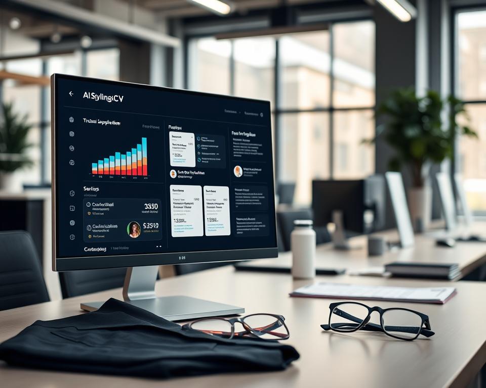 A modern, digital workspace showcasing innovative AI job application features, focusing on an elegant user interface of the "StylingCV" resume builder. In the foreground, a sleek computer monitor displays dynamic charts and customizable resume templates, complemented by colorful icons representing AI-driven suggestions. In the middle ground, an office desk is adorned with professional business attire, such as a neatly folded blazer and stylish glasses, conveying a sense of professionalism. The background features a soft-focus view of a bright and airy office space with large windows, letting in natural light for a warm atmosphere. The overall mood is inspiring and innovative, highlighting the integration of technology in job applications, captured from a slightly elevated angle to emphasize the workspace's organized layout. A modern, digital workspace showcasing innovative AI job application features, focusing on an elegant user interface of the "StylingCV" resume builder. In the foreground, a sleek computer monitor displays dynamic charts and customizable resume templates, complemented by colorful icons representing AI-driven suggestions. In the middle ground, an office desk is adorned with professional business attire, such as a neatly folded blazer and stylish glasses, conveying a sense of professionalism. The background features a soft-focus view of a bright and airy office space with large windows, letting in natural light for a warm atmosphere. The overall mood is inspiring and innovative, highlighting the integration of technology in job applications, captured from a slightly elevated angle to emphasize the workspace's organized layout.