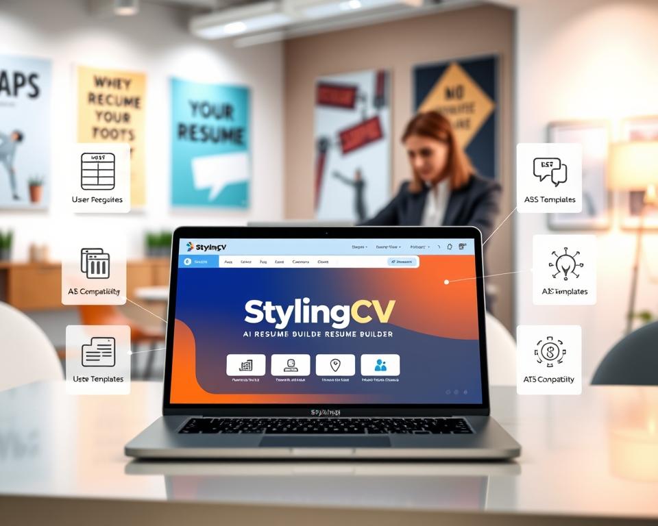 A modern digital workspace showcasing various job application tools. In the foreground, display a sleek laptop with a vibrant screen showing the "StylingCV" AI resume builder interface. Surround it with user-friendly graphics and icons representing digital job application features like resume templates and ATS compatibility. In the middle ground, include a stylish desk with a professional business person, dressed in smart attire, focusing on their laptop. The background features a bright, airy office space with motivational posters and soft lighting, creating a productive atmosphere. The overall mood should reflect innovation, professionalism, and the advancement of technology in job applications, emphasizing the shift toward digital solutions. A modern digital workspace showcasing various job application tools. In the foreground, display a sleek laptop with a vibrant screen showing the "StylingCV" AI resume builder interface. Surround it with user-friendly graphics and icons representing digital job application features like resume templates and ATS compatibility. In the middle ground, include a stylish desk with a professional business person, dressed in smart attire, focusing on their laptop. The background features a bright, airy office space with motivational posters and soft lighting, creating a productive atmosphere. The overall mood should reflect innovation, professionalism, and the advancement of technology in job applications, emphasizing the shift toward digital solutions.