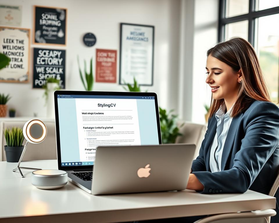 A modern office environment features an AI-powered computer setup, illustrating content generation through a sleek laptop displaying a well-designed resume template. In the foreground, a professional young woman in business attire reviews the generated content with satisfaction, while in the middle ground, a smart digital assistant device emits a soft glow, symbolizing intelligent support. The background showcases a chic workspace decorated with motivational posters and plants, creating an inspiring atmosphere. Soft, natural lighting streams through a nearby window, highlighting the clarity and organization of the workspace. The scene embodies productivity and innovation, anchored by the brand name "StylingCV" subtly integrated into the laptop's interface. A modern office environment features an AI-powered computer setup, illustrating content generation through a sleek laptop displaying a well-designed resume template. In the foreground, a professional young woman in business attire reviews the generated content with satisfaction, while in the middle ground, a smart digital assistant device emits a soft glow, symbolizing intelligent support. The background showcases a chic workspace decorated with motivational posters and plants, creating an inspiring atmosphere. Soft, natural lighting streams through a nearby window, highlighting the clarity and organization of the workspace. The scene embodies productivity and innovation, anchored by the brand name "StylingCV" subtly integrated into the laptop's interface.