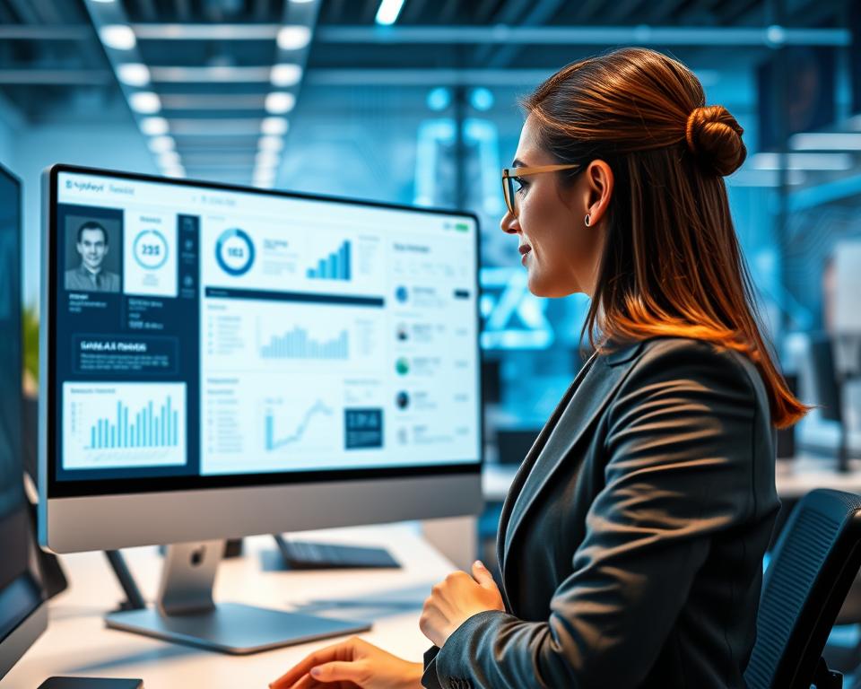 A modern office environment featuring an AI-powered resume screening interface on a sleek computer screen, displayed prominently in the foreground. The screen shows visually engaging elements like graphs, charts, and highlighted resumes in a user-friendly design. In the middle ground, a professional woman in business attire attentively reviews the AI analysis on the screen, embodying a focused and empowered mood. The background contains a high-tech workspace with subtle hints of artificial intelligence, such as circuit patterns or digital icons, softly illuminated by cool blue lighting, evoking a futuristic atmosphere. Emphasize the branding "StylingCV" subtly integrated into the screen's design, without any text overlays. The overall image should convey efficiency, innovation, and intelligence in resume screening.