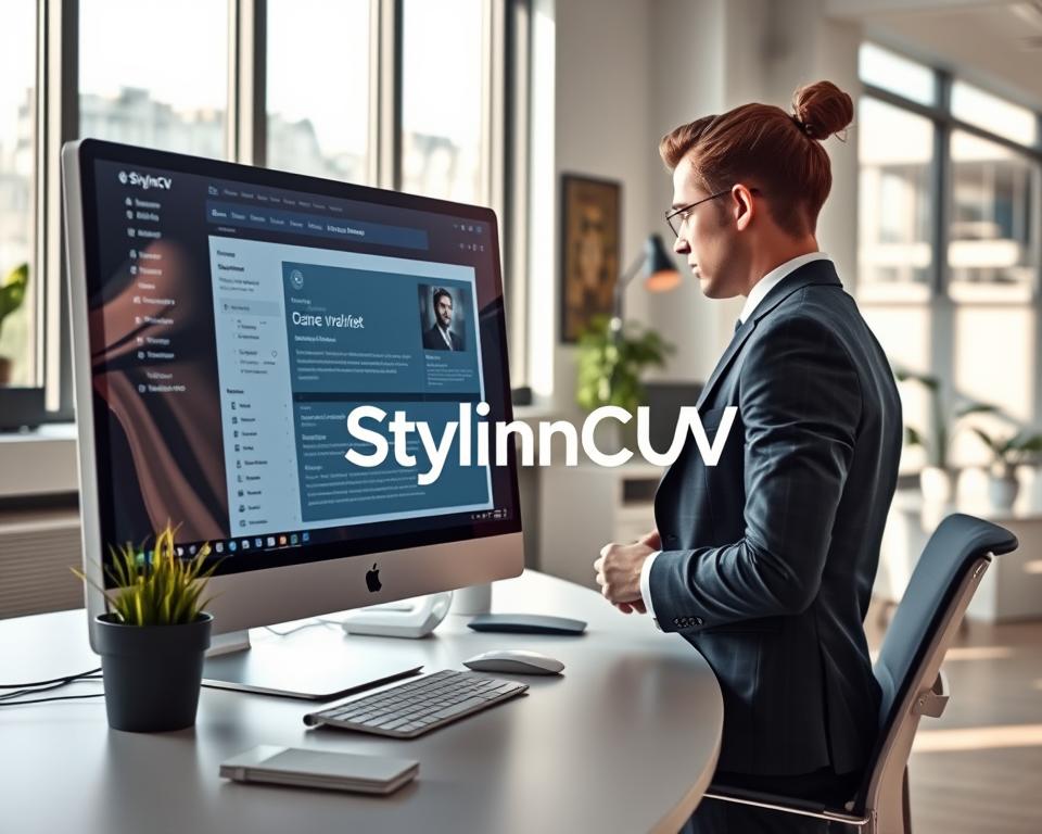A modern office environment serves as the backdrop, with a sleek desk featuring a high-tech computer displaying a sophisticated applicant tracking system (ATS) interface. In the foreground, a professional in business attire is focused, analyzing their resume on the screen, showing determination and engagement. The middle layer includes stylish office decor, with a plant and motivational posters subtly placed, creating an atmosphere of productivity. Soft, natural lighting filters in through a large window, casting gentle shadows, evoking a sense of calm and clarity for future job opportunities. The scene captures the essence of innovation and ambition, highlighting the role of AI in optimizing resumes for the evolving job market of 2025, with the "StylingCV" logo subtly embedded in the digital interface, enhancing the professional branding.