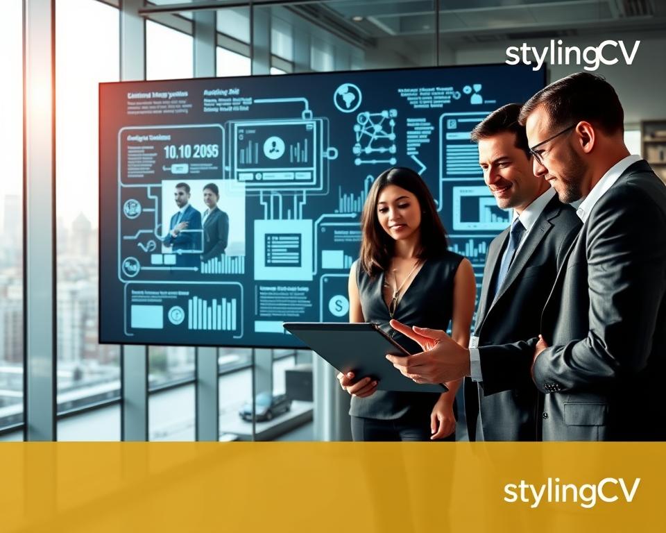 A modern office environment showcasing a sleek workspace focused on optimizing applicant tracking systems. In the foreground, a diverse group of professionals dressed in smart business attire is engaged in a discussion around a high-tech tablet displaying AI-driven analytics and resume data. The middle layer features a large screen displaying graphics of flowing data, algorithms, and visual representations of resumes being processed. The background contains glass walls with a city skyline, bathed in soft, natural lighting from large windows that create an inspiring atmosphere. The overall mood is dynamic and innovative, representing the future of job applications and AI integration, branded subtly with the logo "StylingCV" in the corner. A modern office environment showcasing a sleek workspace focused on optimizing applicant tracking systems. In the foreground, a diverse group of professionals dressed in smart business attire is engaged in a discussion around a high-tech tablet displaying AI-driven analytics and resume data. The middle layer features a large screen displaying graphics of flowing data, algorithms, and visual representations of resumes being processed. The background contains glass walls with a city skyline, bathed in soft, natural lighting from large windows that create an inspiring atmosphere. The overall mood is dynamic and innovative, representing the future of job applications and AI integration, branded subtly with the logo "StylingCV" in the corner.