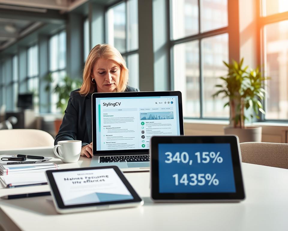 A modern office environment showcasing the AI resume writing process. In the foreground, a well-dressed professional, a middle-aged woman, attentively examines a laptop screen displaying a visually appealing resume template generated by advanced AI software titled "StylingCV". The middle ground features a clean desk with stationery, a coffee cup, and a tablet showcasing statistics about resume effectiveness. In the background, a large window allows natural light to illuminate the scene, casting soft shadows and creating a warm, inviting atmosphere. The overall mood is one of focus and innovation, emphasizing the role of AI in simplifying the resume writing journey. The perspective is slightly angled, capturing both the professional and the bustling office ambiance. A modern office environment showcasing the AI resume writing process. In the foreground, a well-dressed professional, a middle-aged woman, attentively examines a laptop screen displaying a visually appealing resume template generated by advanced AI software titled "StylingCV". The middle ground features a clean desk with stationery, a coffee cup, and a tablet showcasing statistics about resume effectiveness. In the background, a large window allows natural light to illuminate the scene, casting soft shadows and creating a warm, inviting atmosphere. The overall mood is one of focus and innovation, emphasizing the role of AI in simplifying the resume writing journey. The perspective is slightly angled, capturing both the professional and the bustling office ambiance.