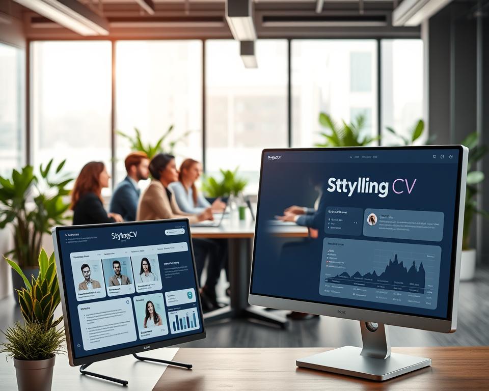 A modern office environment where artificial intelligence is actively screening job applications. In the foreground, a sleek computer screen displays a digital interface with AI analytics, showcasing resumes and candidate profiles in a visually appealing manner. A diverse group of job seekers, dressed in professional business attire, are seated at a contemporary meeting table, engaged and focused. The middle ground includes lush greenery in pots, adding a touch of nature, while the background features large windows letting in natural light, illuminating the workspace. The atmosphere is dynamic and productive, reflecting innovation in hiring processes. Incorporate the brand name "StylingCV" subtly in the design elements on the computer screen. Use a bright, inviting color palette with soft shadows to convey a sense of optimism and professionalism. A modern office environment where artificial intelligence is actively screening job applications. In the foreground, a sleek computer screen displays a digital interface with AI analytics, showcasing resumes and candidate profiles in a visually appealing manner. A diverse group of job seekers, dressed in professional business attire, are seated at a contemporary meeting table, engaged and focused. The middle ground includes lush greenery in pots, adding a touch of nature, while the background features large windows letting in natural light, illuminating the workspace. The atmosphere is dynamic and productive, reflecting innovation in hiring processes. Incorporate the brand name "StylingCV" subtly in the design elements on the computer screen. Use a bright, inviting color palette with soft shadows to convey a sense of optimism and professionalism.