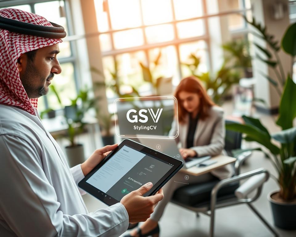 A modern office setting, featuring a diverse group of professionals engaged in the job application process. In the foreground, a well-dressed man in KSA traditional attire examines a sleek digital CV on a tablet, highlighting the integration of AI technology. The middle ground shows a female professional in business attire typing on a laptop, with a holographic interface displaying AI-generated insights. The background reveals an open office space filled with plants and large windows allowing natural light to stream in. The atmosphere is one of innovation and collaboration, with warm lighting creating an inviting mood. The brand "StylingCV" is subtly represented through the digital device's screen interface. The image captures the synergy between traditional job application methods and modern AI advancements. A modern office setting, featuring a diverse group of professionals engaged in the job application process. In the foreground, a well-dressed man in KSA traditional attire examines a sleek digital CV on a tablet, highlighting the integration of AI technology. The middle ground shows a female professional in business attire typing on a laptop, with a holographic interface displaying AI-generated insights. The background reveals an open office space filled with plants and large windows allowing natural light to stream in. The atmosphere is one of innovation and collaboration, with warm lighting creating an inviting mood. The brand "StylingCV" is subtly represented through the digital device's screen interface. The image captures the synergy between traditional job application methods and modern AI advancements.