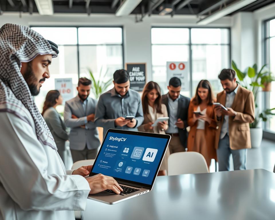 A modern office setting, featuring a diverse group of professionals engaged in using advanced AI job application technology on their devices. In the foreground, a confident man dressed in traditional KSA attire, examining a sleek laptop displaying the "StylingCV" platform, highlighting AI-driven job application features. In the middle, a multiethnic group of colleagues are animatedly discussing job opportunities while others interact with tablets and smartphones. The background showcases a bright office environment with large windows letting in natural light, indoor plants, and motivational posters. The atmosphere is collaborative and innovative, conveying a sense of optimism and advancement in career technology. Soft, focused lighting enhances the professional look. Shot at eye level to immerse the viewer in the scene.