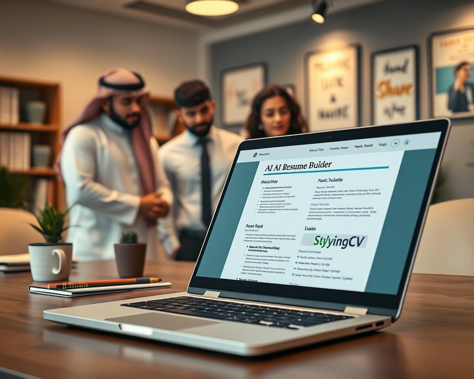 A modern office setting featuring a sleek laptop with an open screen displaying an AI resume builder interface, highlighting the brand "StylingCV." In the foreground, a diverse group of three professionals, one wearing traditional KSA attire, another in business formal, and the last in smart casual clothing, are engaged in a discussion while examining the resume generated by the AI tool. The middle ground showcases a tidy, organized desk with stationery, a potted plant, and a stylish coffee mug. In the background, soft-focus office elements like bookshelves and motivational posters reflect a professional atmosphere. The lighting is warm and inviting, creating a sense of productivity and collaboration. The overall mood is optimistic and innovative, emphasizing the role of AI in enhancing job applications. A modern office setting featuring a sleek laptop with an open screen displaying an AI resume builder interface, highlighting the brand "StylingCV." In the foreground, a diverse group of three professionals, one wearing traditional KSA attire, another in business formal, and the last in smart casual clothing, are engaged in a discussion while examining the resume generated by the AI tool. The middle ground showcases a tidy, organized desk with stationery, a potted plant, and a stylish coffee mug. In the background, soft-focus office elements like bookshelves and motivational posters reflect a professional atmosphere. The lighting is warm and inviting, creating a sense of productivity and collaboration. The overall mood is optimistic and innovative, emphasizing the role of AI in enhancing job applications.
