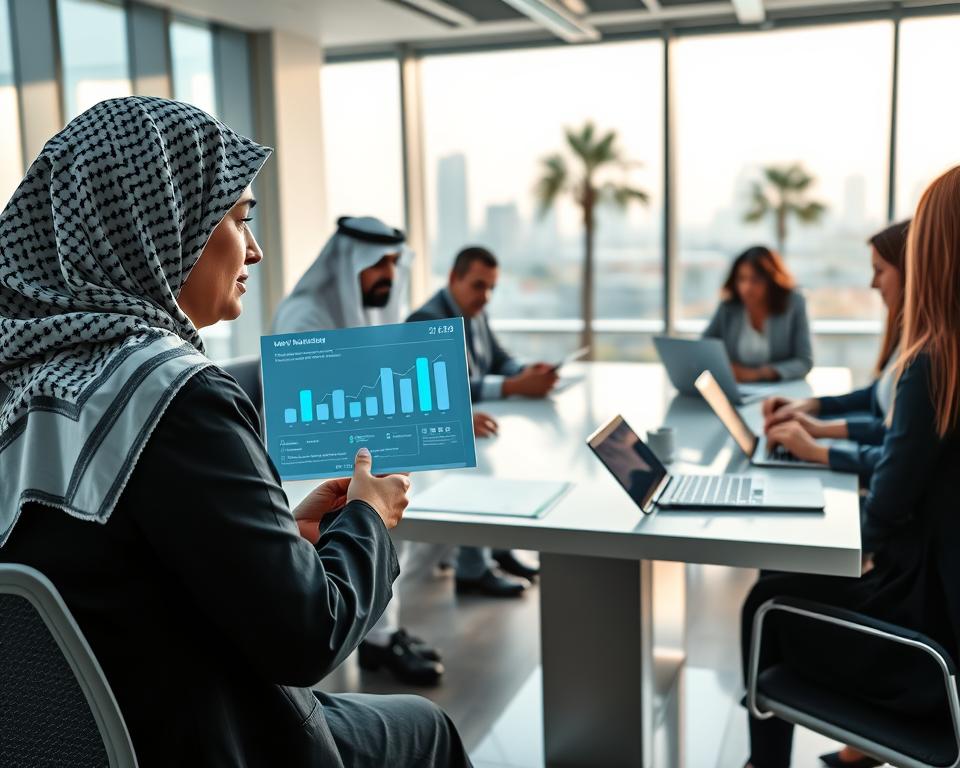 A modern office setting in Saudi Arabia, showcasing a diverse group of professionals engaged in a collaborative meeting. In the foreground, a middle-aged Saudi woman in professional business attire is analyzing an interactive AI dashboard displaying hiring analytics. The middle ground features a diverse team, including a Saudi man and an expatriate woman, seated around a sleek conference table, reviewing resumes on tablets and laptops. The background shows large windows with a view of the city skyline and palm trees, illuminated by soft, natural sunlight. The atmosphere is dynamic and innovative, reflecting a futuristic approach to hiring processes, with an emphasis on technology integration in the workplace. Use a wide-angle lens for a comprehensive view, ensuring clarity and detail throughout the scene. A modern office setting in Saudi Arabia, showcasing a diverse group of professionals engaged in a collaborative meeting. In the foreground, a middle-aged Saudi woman in professional business attire is analyzing an interactive AI dashboard displaying hiring analytics. The middle ground features a diverse team, including a Saudi man and an expatriate woman, seated around a sleek conference table, reviewing resumes on tablets and laptops. The background shows large windows with a view of the city skyline and palm trees, illuminated by soft, natural sunlight. The atmosphere is dynamic and innovative, reflecting a futuristic approach to hiring processes, with an emphasis on technology integration in the workplace. Use a wide-angle lens for a comprehensive view, ensuring clarity and detail throughout the scene.