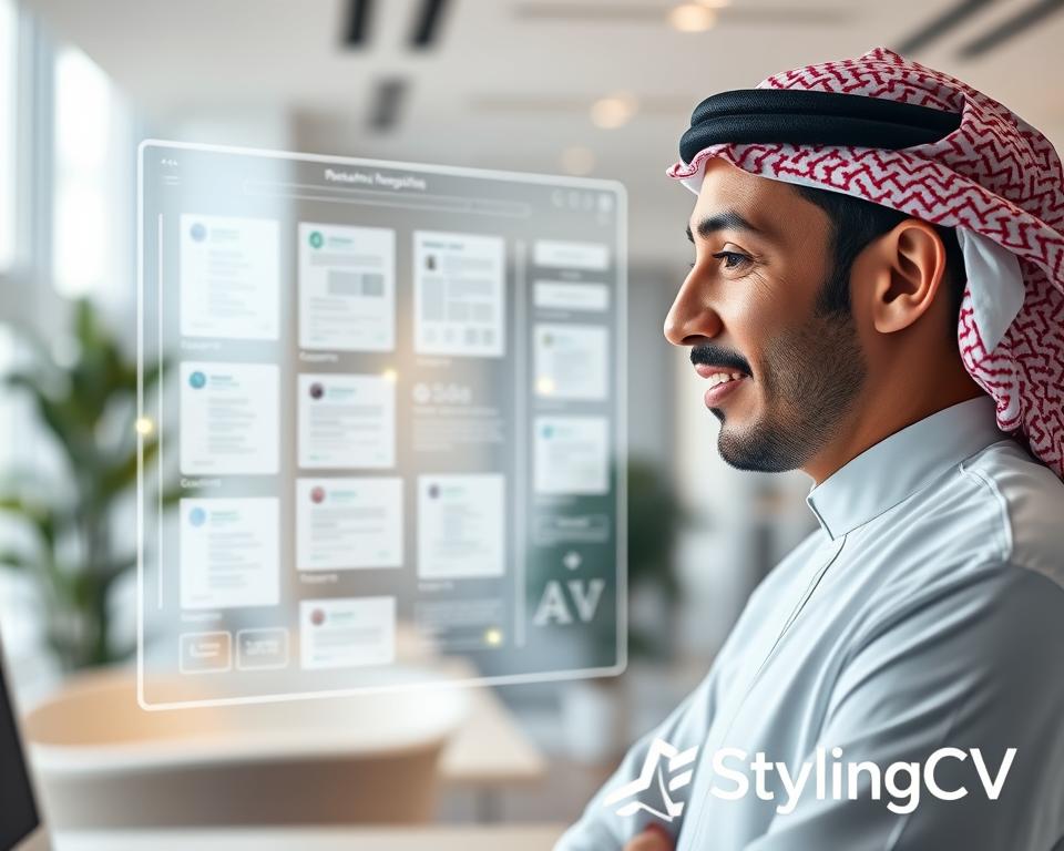 A modern office setting showcasing a professional individual, a man in traditional KSA attire, engaged with a futuristic computer interface that displays real-time AI suggestions for resume writing. In the foreground, his focused expression highlights the excitement of using advanced technology to enhance his CV. The middle layer features a sleek digital screen with glowing elements, illustrating various resume templates and AI-generated suggestions, creating a dynamic interaction. The background depicts a bright, contemporary office with soft, natural lighting, conveying a sense of innovation and productivity. The overall mood is inspiring and forward-thinking, emphasizing the transformative impact of AI on career development. Include the brand name "StylingCV" subtly integrated into the design elements. A modern office setting showcasing a professional individual, a man in traditional KSA attire, engaged with a futuristic computer interface that displays real-time AI suggestions for resume writing. In the foreground, his focused expression highlights the excitement of using advanced technology to enhance his CV. The middle layer features a sleek digital screen with glowing elements, illustrating various resume templates and AI-generated suggestions, creating a dynamic interaction. The background depicts a bright, contemporary office with soft, natural lighting, conveying a sense of innovation and productivity. The overall mood is inspiring and forward-thinking, emphasizing the transformative impact of AI on career development. Include the brand name "StylingCV" subtly integrated into the design elements.