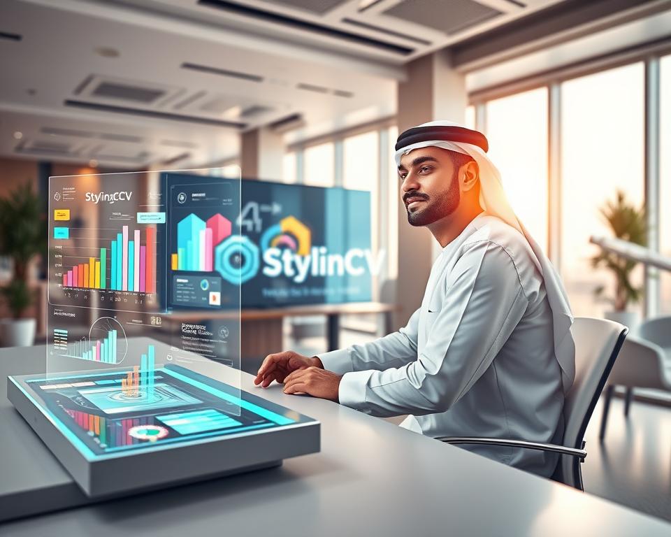 A modern office setting showcasing the fusion of AI and job applications. In the foreground, a professional man dressed in a traditional KSA attire sits at a sleek desk, engaging with a holographic interface displaying colorful, dynamic graphs and resume elements. In the middle ground, a digital screen showcases the brand "StylingCV", emphasizing innovative resume-building features powered by AI. The background features a contemporary office with large windows allowing soft, natural light to flood the space, creating a warm and inviting atmosphere. The angle is slightly elevated, providing a panoramic view of the workspace. The overall mood is futuristic yet professional, highlighting the seamless integration of AI technology in the job application process. A modern office setting showcasing the fusion of AI and job applications. In the foreground, a professional man dressed in a traditional KSA attire sits at a sleek desk, engaging with a holographic interface displaying colorful, dynamic graphs and resume elements. In the middle ground, a digital screen showcases the brand "StylingCV", emphasizing innovative resume-building features powered by AI. The background features a contemporary office with large windows allowing soft, natural light to flood the space, creating a warm and inviting atmosphere. The angle is slightly elevated, providing a panoramic view of the workspace. The overall mood is futuristic yet professional, highlighting the seamless integration of AI technology in the job application process.