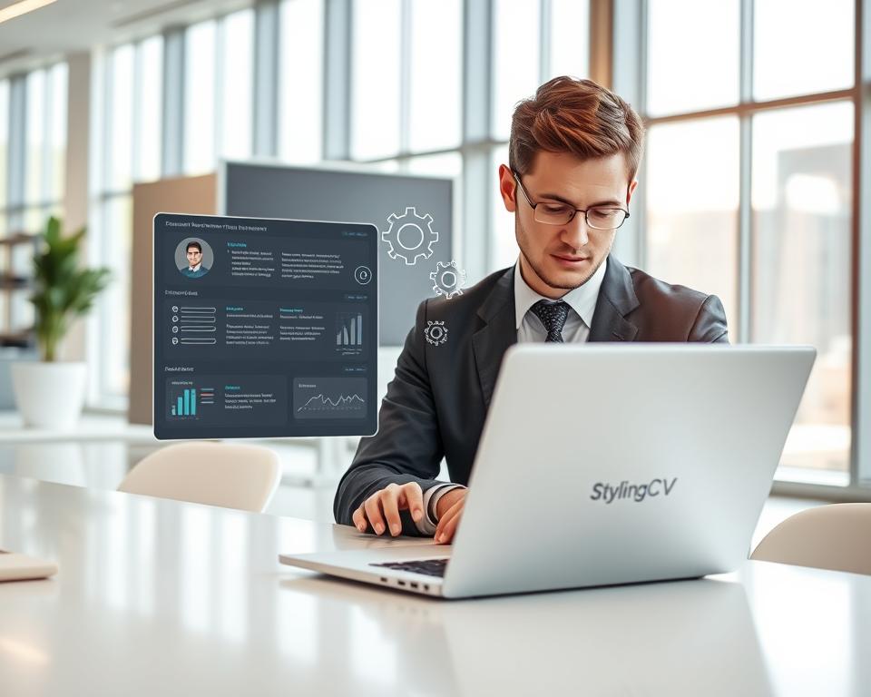 A modern office setting where a professional individual, dressed in smart business attire, interacts with an advanced AI tool on a sleek laptop. In the foreground, the individual is focused, with a thoughtful expression, as the laptop screen displays enhanced resume elements and data visualizations related to job applications. In the middle, a stylized representation of AI icons, like gears and graphs, subtly emanates from the laptop, symbolizing innovation in resume writing. The background features a contemporary office with large windows, allowing natural light to flood the space, creating an uplifting and motivating atmosphere. The overall mood is professional and aspirational, capturing the essence of career growth through AI. Include the brand name "StylingCV" in a tasteful manner as part of the setting. A modern office setting where a professional individual, dressed in smart business attire, interacts with an advanced AI tool on a sleek laptop. In the foreground, the individual is focused, with a thoughtful expression, as the laptop screen displays enhanced resume elements and data visualizations related to job applications. In the middle, a stylized representation of AI icons, like gears and graphs, subtly emanates from the laptop, symbolizing innovation in resume writing. The background features a contemporary office with large windows, allowing natural light to flood the space, creating an uplifting and motivating atmosphere. The overall mood is professional and aspirational, capturing the essence of career growth through AI. Include the brand name "StylingCV" in a tasteful manner as part of the setting.