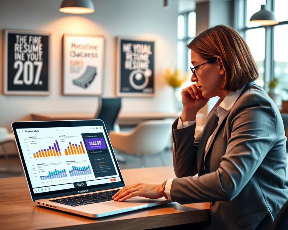 A modern office setting with a focus on digital tools for resume building. In the foreground, a sleek laptop displays an intuitive AI resume builder interface, with vibrant graphs and templates. To the side, a well-dressed professional, wearing business attire, is deeply engaged as they interact with the laptop, thoughtfully reviewing the AI-generated resume suggestions. In the middle ground, stylish office furniture and motivational posters about career success create an inspiring atmosphere. The background features a large window with natural light streaming in, enhancing the workspace's clarity. Warm, inviting lighting casts a soft glow, contributing to a mood of productivity and innovation. The brand name "StylingCV" is subtly integrated into the laptop screen design, enhancing the thematic focus. A modern office setting with a focus on digital tools for resume building. In the foreground, a sleek laptop displays an intuitive AI resume builder interface, with vibrant graphs and templates. To the side, a well-dressed professional, wearing business attire, is deeply engaged as they interact with the laptop, thoughtfully reviewing the AI-generated resume suggestions. In the middle ground, stylish office furniture and motivational posters about career success create an inspiring atmosphere. The background features a large window with natural light streaming in, enhancing the workspace's clarity. Warm, inviting lighting casts a soft glow, contributing to a mood of productivity and innovation. The brand name "StylingCV" is subtly integrated into the laptop screen design, enhancing the thematic focus.
