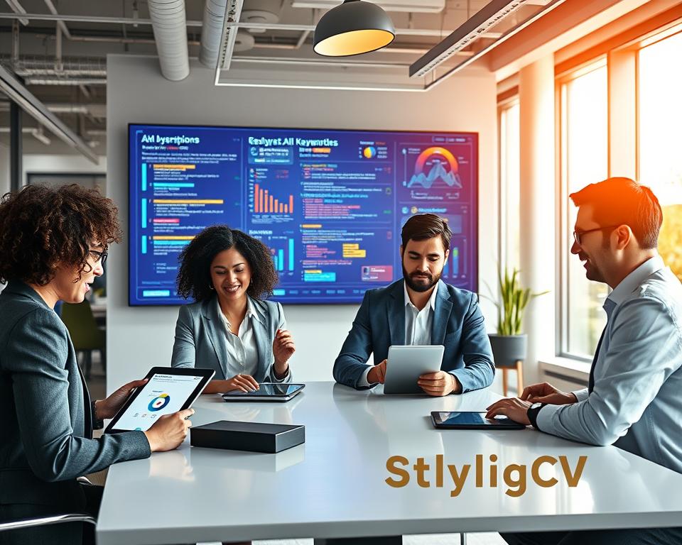 A modern office space featuring a digital workspace analysis focused on job description keyword analysis. In the foreground, a diverse group of professionals in business attire, including a woman with curly hair and a man with glasses, collaborate around a sleek table, engaging with tablets displaying graphs and keyword clouds. In the middle ground, a large wall screen showcases a colorful visualization of AI algorithms analyzing resumes, with highlighted keywords and data points. The background includes contemporary office decor and large windows allowing natural light to flood the room, creating an inspiring and productive atmosphere. The overall mood is dynamic and innovative, emphasizing the integration of AI for resume keywords, while incorporating the brand name "StylingCV" discreetly within the visuals. A modern office space featuring a digital workspace analysis focused on job description keyword analysis. In the foreground, a diverse group of professionals in business attire, including a woman with curly hair and a man with glasses, collaborate around a sleek table, engaging with tablets displaying graphs and keyword clouds. In the middle ground, a large wall screen showcases a colorful visualization of AI algorithms analyzing resumes, with highlighted keywords and data points. The background includes contemporary office decor and large windows allowing natural light to flood the room, creating an inspiring and productive atmosphere. The overall mood is dynamic and innovative, emphasizing the integration of AI for resume keywords, while incorporating the brand name "StylingCV" discreetly within the visuals.