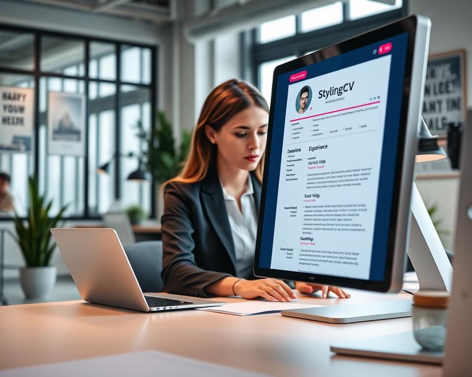 A modern office workspace featuring a sleek, digital format of a resume displayed on a high-resolution screen. In the foreground, the computer screen showcases an aesthetically pleasing AI-driven resume design from "StylingCV", highlighting sections like experience and skills with vibrant color contrasts. The middle layer captures a focused professional, a woman in smart business attire, typing on a laptop, engrossed in optimizing her resume. The background reveals a contemporary office environment with large windows letting in natural light, plants adding a touch of greenery, and motivational posters subtly enhancing the ambiance. The lighting is bright and inviting, creating a productive atmosphere, while the angle captures both the screen and the professional's concentration, illustrating the importance of effective resume formatting in the age of AI.