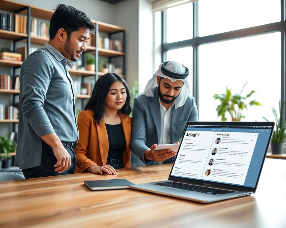 A modern, professional workspace featuring a sleek desk with a laptop open, displaying an AI-powered resume formatting tool by "StylingCV". In the foreground, a diverse group of three individuals—two men and one woman—are engaged in a collaborative discussion, wearing smart casual attire. The woman, of Asian descent, gestures towards the laptop, while one man, of Middle-Eastern descent, takes notes on a notepad. The other man, of Caucasian descent, analyzes the AI-generated suggestions on the screen. The middle ground shows a large window with natural light spilling in, creating a bright and inviting atmosphere. In the background, shelves filled with books and plants add to the professional ambiance. The mood is focused yet collaborative, reflecting innovation and teamwork in career development.