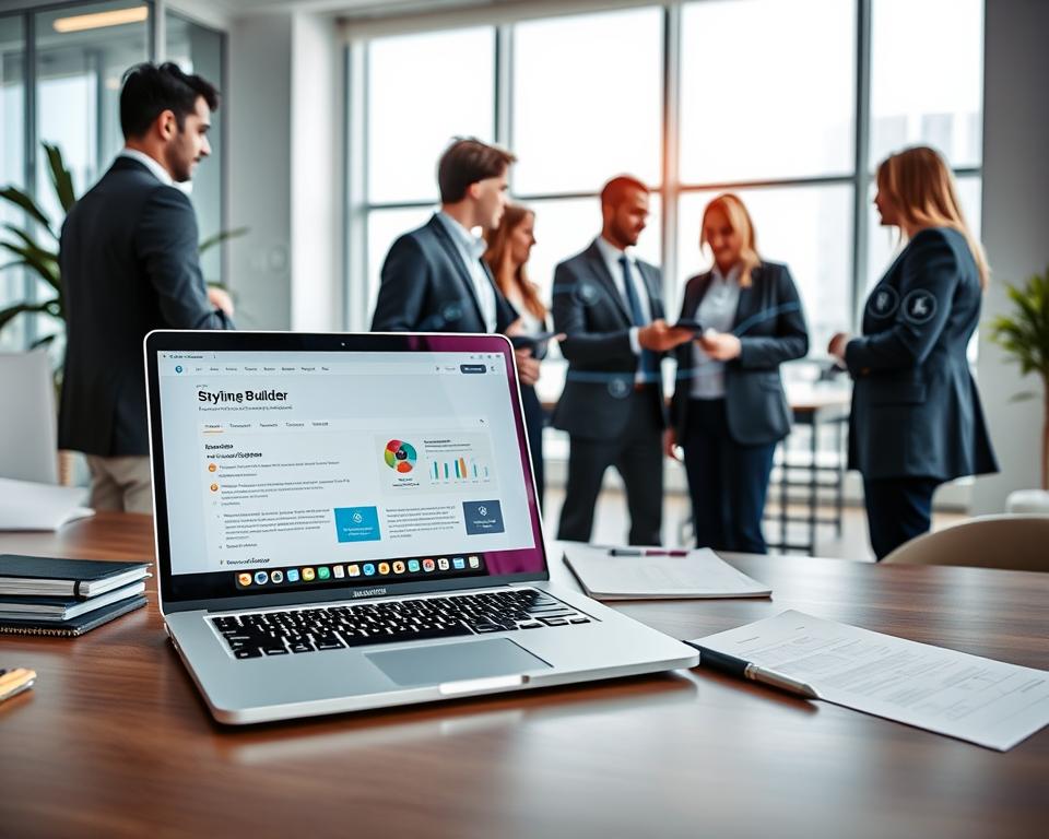 A modern, professional workspace with a focus on AI job application suggestions. In the foreground, a sleek laptop opened with a clear screen displaying a sophisticated resume builder interface, featuring the brand name "StylingCV". A neatly organized desk surrounds the laptop, adorned with a smart notepad, a high-quality pen, and a few business-related documents. In the middle ground, a diverse group of professionals in business attire collaborate, discussing strategies, surrounded by digital holograms illustrating AI tools for job applications. The background features a bright, airy office with large windows allowing natural light to flood in, creating a motivating atmosphere. The overall mood is optimistic and forward-thinking, emphasizing innovation in career development through technology. A modern, professional workspace with a focus on AI job application suggestions. In the foreground, a sleek laptop opened with a clear screen displaying a sophisticated resume builder interface, featuring the brand name "StylingCV". A neatly organized desk surrounds the laptop, adorned with a smart notepad, a high-quality pen, and a few business-related documents. In the middle ground, a diverse group of professionals in business attire collaborate, discussing strategies, surrounded by digital holograms illustrating AI tools for job applications. The background features a bright, airy office with large windows allowing natural light to flood in, creating a motivating atmosphere. The overall mood is optimistic and forward-thinking, emphasizing innovation in career development through technology.
