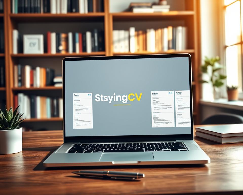 A modern, sleek AI resume builder platform interface displayed on a laptop screen, set on a wooden desk. In the foreground, an elegant, professional workspace is presented with minimalistic design elements, featuring a stylish pen and a potted plant. In the middle ground, the laptop screen showcases the "StylingCV" logo prominently, surrounded by sample templates of polished CVs powered by artificial intelligence, demonstrating diverse styles and formats. The background features soft-focus bookshelves filled with professional development books, creating a sophisticated atmosphere. Warm, natural light streams in from a nearby window, casting gentle shadows that enhance the inviting mood of productivity and innovation. The overall scene conveys a tech-savvy, professional environment, focusing on modern career advancement through AI. A modern, sleek AI resume builder platform interface displayed on a laptop screen, set on a wooden desk. In the foreground, an elegant, professional workspace is presented with minimalistic design elements, featuring a stylish pen and a potted plant. In the middle ground, the laptop screen showcases the "StylingCV" logo prominently, surrounded by sample templates of polished CVs powered by artificial intelligence, demonstrating diverse styles and formats. The background features soft-focus bookshelves filled with professional development books, creating a sophisticated atmosphere. Warm, natural light streams in from a nearby window, casting gentle shadows that enhance the inviting mood of productivity and innovation. The overall scene conveys a tech-savvy, professional environment, focusing on modern career advancement through AI.