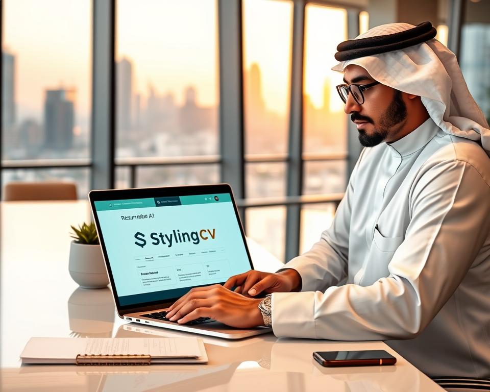 A modern, sleek workspace featuring a laptop open to a visually engaging AI resume builder interface, prominently displaying the brand name "StylingCV". In the foreground, a professional male figure dressed in traditional KSA attire sits attentively, typing on the laptop with a focused expression, highlighting the integration of technology in job applications. In the middle, an elegant desk adorned with office essentials, such as a notepad, a pen, and a smartphone, accentuates the professional atmosphere. The background reveals a well-lit office environment with large windows offering a view of the Kuwait city skyline, bathed in warm, natural light. The mood conveys innovation and productivity, emphasizing the transformative power of AI in the job market.