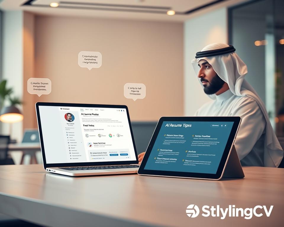 A modern, sleek workspace featuring an AI resume builder interface displayed on a laptop screen in the foreground. A professional man dressed in traditional KSA attire sits confidently, engaged with the technology, while automated suggestions for resume improvements hover around the screen. In the middle ground, a digital tablet showcases a visually appealing infographic highlighting unique resume tips. The background fades softly into a stylish office environment with warm, natural lighting, creating an inviting atmosphere. A minimalistic design aesthetic enhances focus on the technology. The scene subtly incorporates the brand name "StylingCV," emphasizing innovation in resume writing. Overall, the image conveys a sense of professionalism and modernity, embodying the integration of AI in job applications.