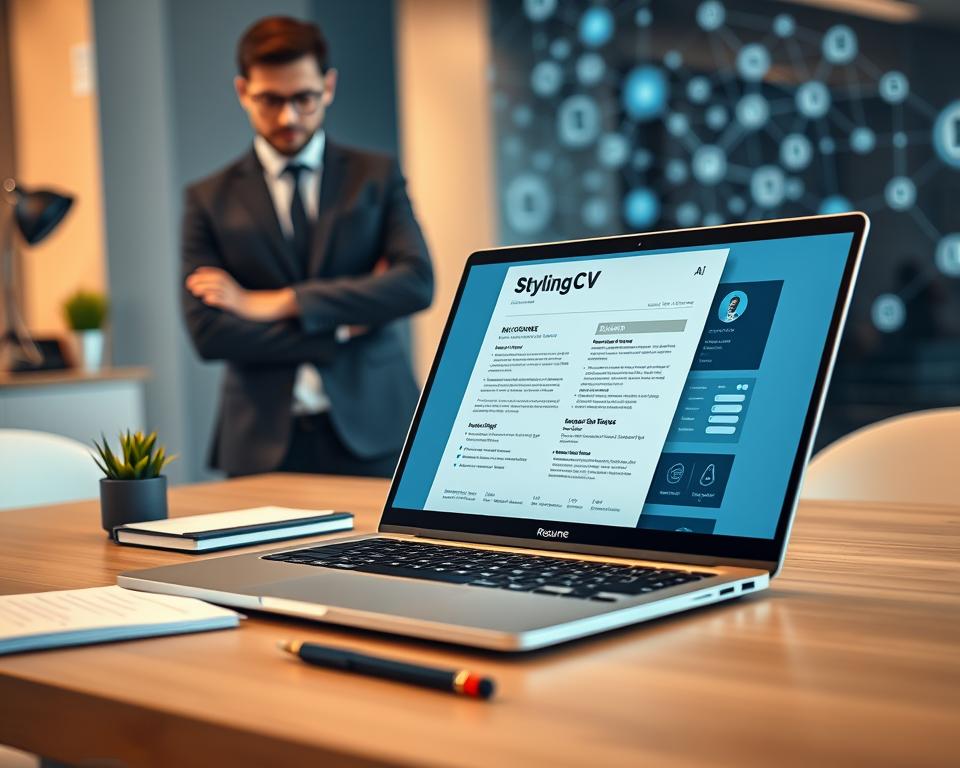 A modern, sleek workspace setting showcasing an elegant laptop that displays a well-designed AI-generated resume by the brand "StylingCV." In the foreground, a confident professional, dressed in smart business attire, examines the resume. The middle ground features a stylish desk cluttered with essential stationery like notepads and pens, along with a small potted plant for a touch of freshness. The background reveals abstract digital graphics symbolizing artificial intelligence, such as binary code and interconnected nodes, adding depth and context. Soft, warm lighting enhances the inviting atmosphere, while a shallow depth of field keeps the focus on the resume and the professional, giving the scene a polished, contemporary feel. A modern, sleek workspace setting showcasing an elegant laptop that displays a well-designed AI-generated resume by the brand "StylingCV." In the foreground, a confident professional, dressed in smart business attire, examines the resume. The middle ground features a stylish desk cluttered with essential stationery like notepads and pens, along with a small potted plant for a touch of freshness. The background reveals abstract digital graphics symbolizing artificial intelligence, such as binary code and interconnected nodes, adding depth and context. Soft, warm lighting enhances the inviting atmosphere, while a shallow depth of field keeps the focus on the resume and the professional, giving the scene a polished, contemporary feel.
