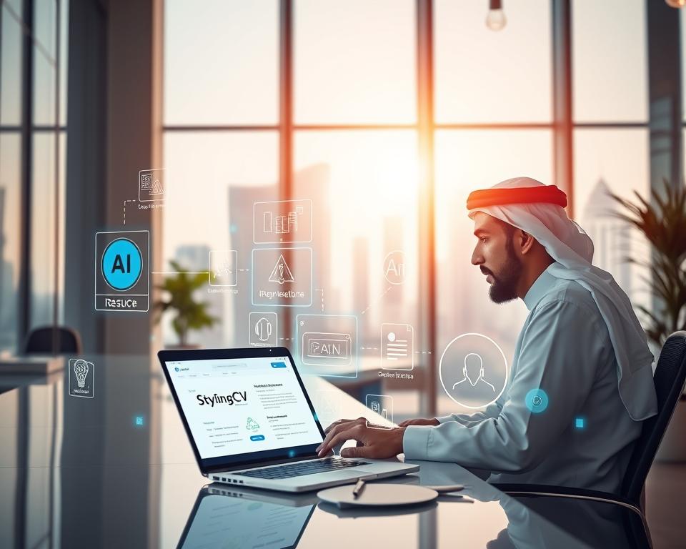 A modern, vibrant office setting filled with digital elements illustrating the intersection of AI and job applications. In the foreground, a professional-looking Saudi man dressed in traditional attire is seated at a sleek desk, focused on his laptop displaying the "StylingCV" interface for resume building. The middle ground features a holographic representation of AI algorithms and flowcharts, symbolizing the assistance of AI in job applications. In the background, large windows reveal a bright city skyline, adding a sense of ambition and opportunity. Soft, warm lighting creates an inviting atmosphere, enhancing the mood of professionalism and innovation. The angle captures both the man’s concentration and the dynamic elements of AI technology, emphasizing the transformative impact of AI in job search processes. A modern, vibrant office setting filled with digital elements illustrating the intersection of AI and job applications. In the foreground, a professional-looking Saudi man dressed in traditional attire is seated at a sleek desk, focused on his laptop displaying the "StylingCV" interface for resume building. The middle ground features a holographic representation of AI algorithms and flowcharts, symbolizing the assistance of AI in job applications. In the background, large windows reveal a bright city skyline, adding a sense of ambition and opportunity. Soft, warm lighting creates an inviting atmosphere, enhancing the mood of professionalism and innovation. The angle captures both the man’s concentration and the dynamic elements of AI technology, emphasizing the transformative impact of AI in job search processes.