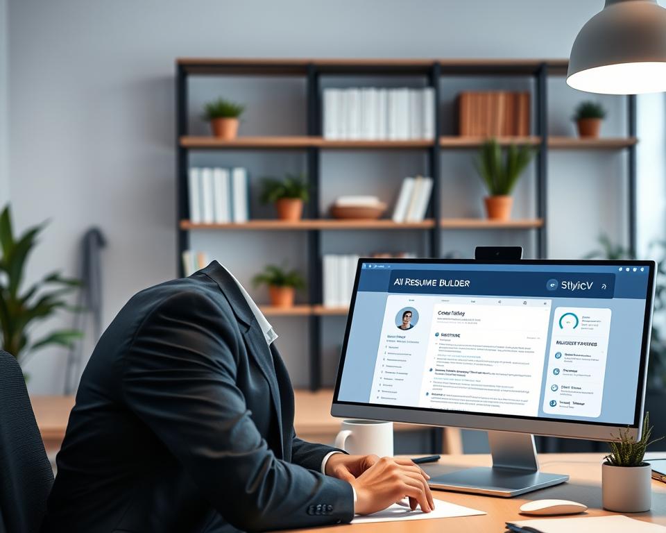 A modern workspace featuring a sleek computer displaying an AI resume builder interface, showcasing innovative features like real-time editing, customizable templates, and skill matching suggestions. In the foreground, a professional in business attire is intently reviewing a digital resume on the screen, with a thoughtful expression. The middle ground includes various elements representing AI technology, such as data analytics charts and icons symbolizing job matching. The background has soft-focus shelves filled with books and plant accents, creating a warm, inviting atmosphere. The lighting is bright and evenly distributed, enhancing the digital display. The overall mood is professional and inspiring, reflecting the cutting-edge nature of the "StylingCV" AI resume builder. A modern workspace featuring a sleek computer displaying an AI resume builder interface, showcasing innovative features like real-time editing, customizable templates, and skill matching suggestions. In the foreground, a professional in business attire is intently reviewing a digital resume on the screen, with a thoughtful expression. The middle ground includes various elements representing AI technology, such as data analytics charts and icons symbolizing job matching. The background has soft-focus shelves filled with books and plant accents, creating a warm, inviting atmosphere. The lighting is bright and evenly distributed, enhancing the digital display. The overall mood is professional and inspiring, reflecting the cutting-edge nature of the "StylingCV" AI resume builder.